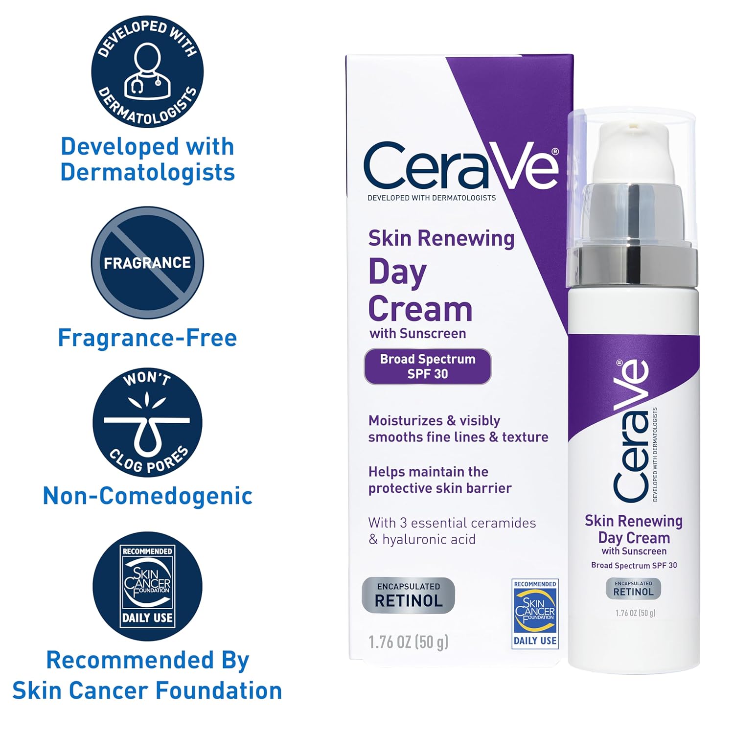 CeraVe Anti-Aging Face Cream SPF 30, Anti-Wrinkle Retinol Cream with Hyaluronic Acid and Ceramides, 1.76 oz