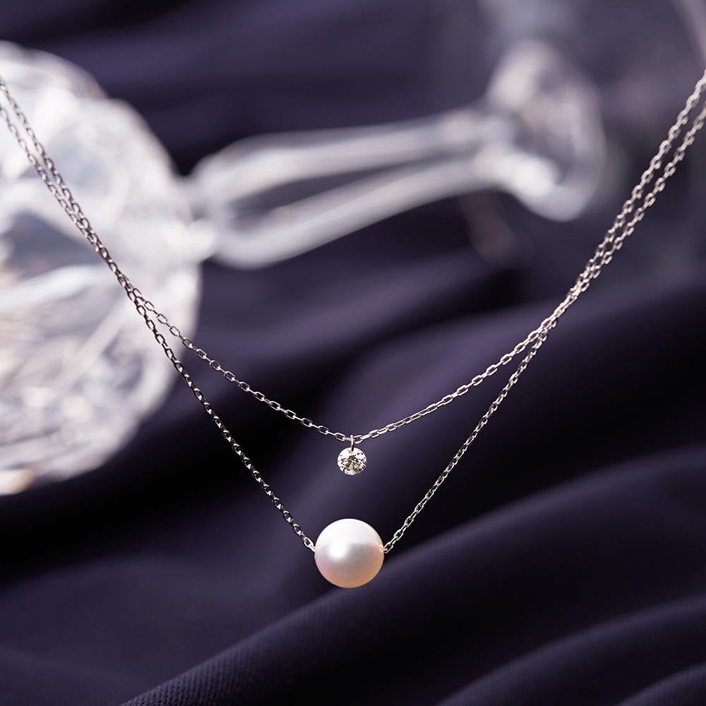 Japanese 7.0mm Akoya Cultured Pearl with Diamond Pendant Necklace for Women with White Gold | Classy Design Excellent Gift | Pearl Necklace · v2