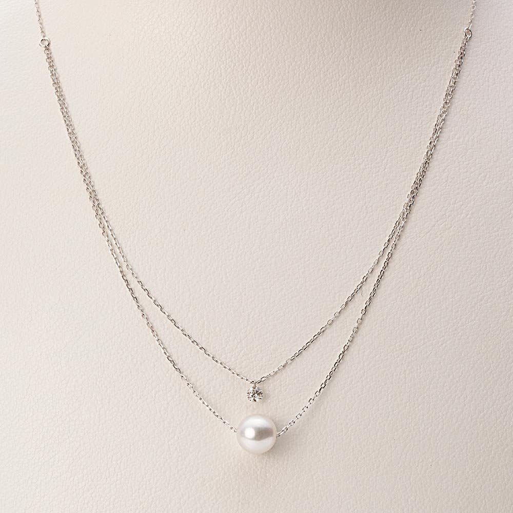 Japanese 7.0mm Akoya Cultured Pearl with Diamond Pendant Necklace for Women with White Gold | Classy Design Excellent Gift | Pearl Necklace · v2