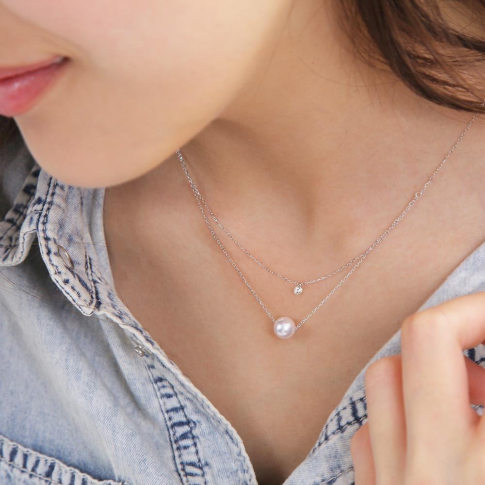 Japanese 7.0mm Akoya Cultured Pearl with Diamond Pendant Necklace for Women with White Gold | Classy Design Excellent Gift | Pearl Necklace · v2
