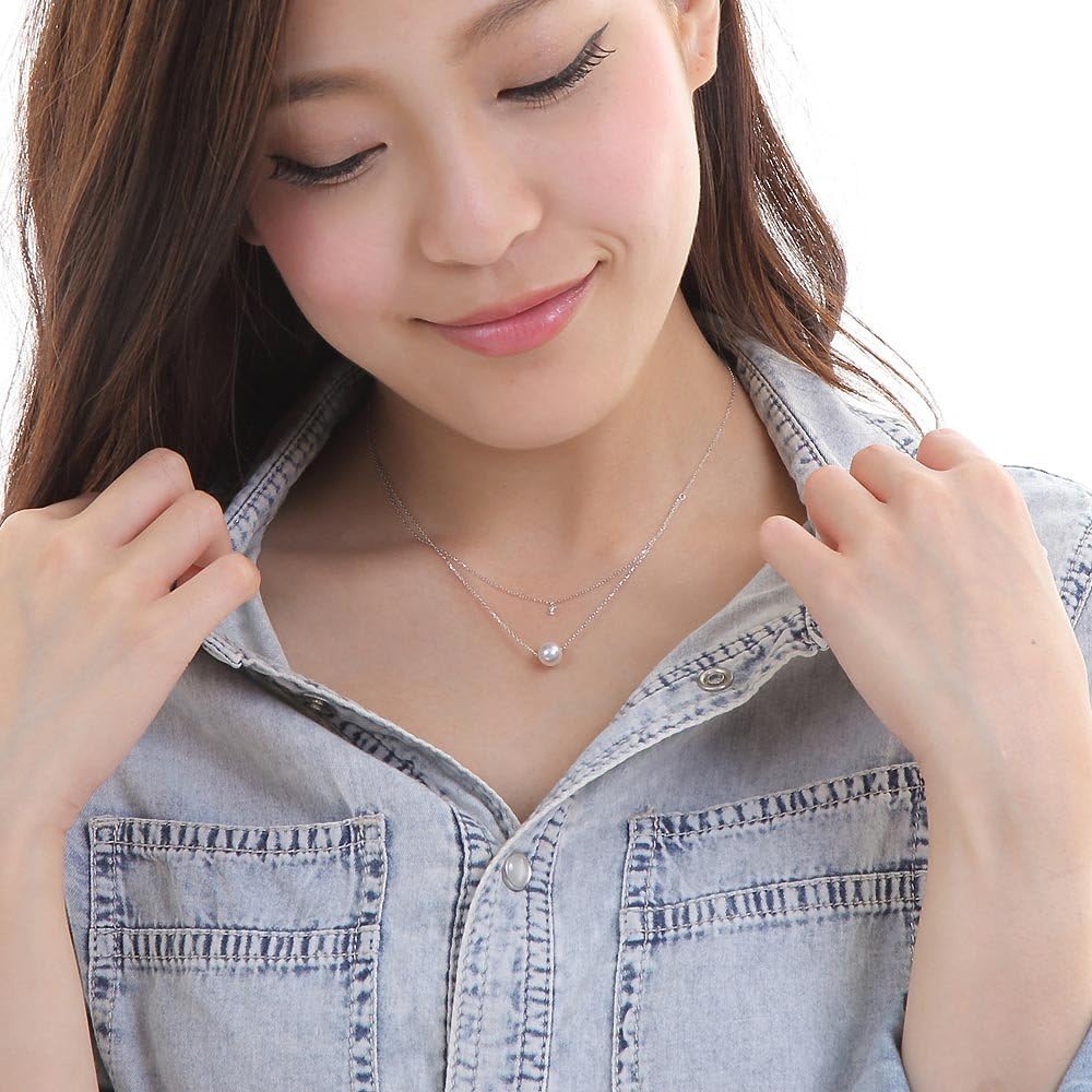 Japanese 7.0mm Akoya Cultured Pearl with Diamond Pendant Necklace for Women with White Gold | Classy Design Excellent Gift | Pearl Necklace · v2