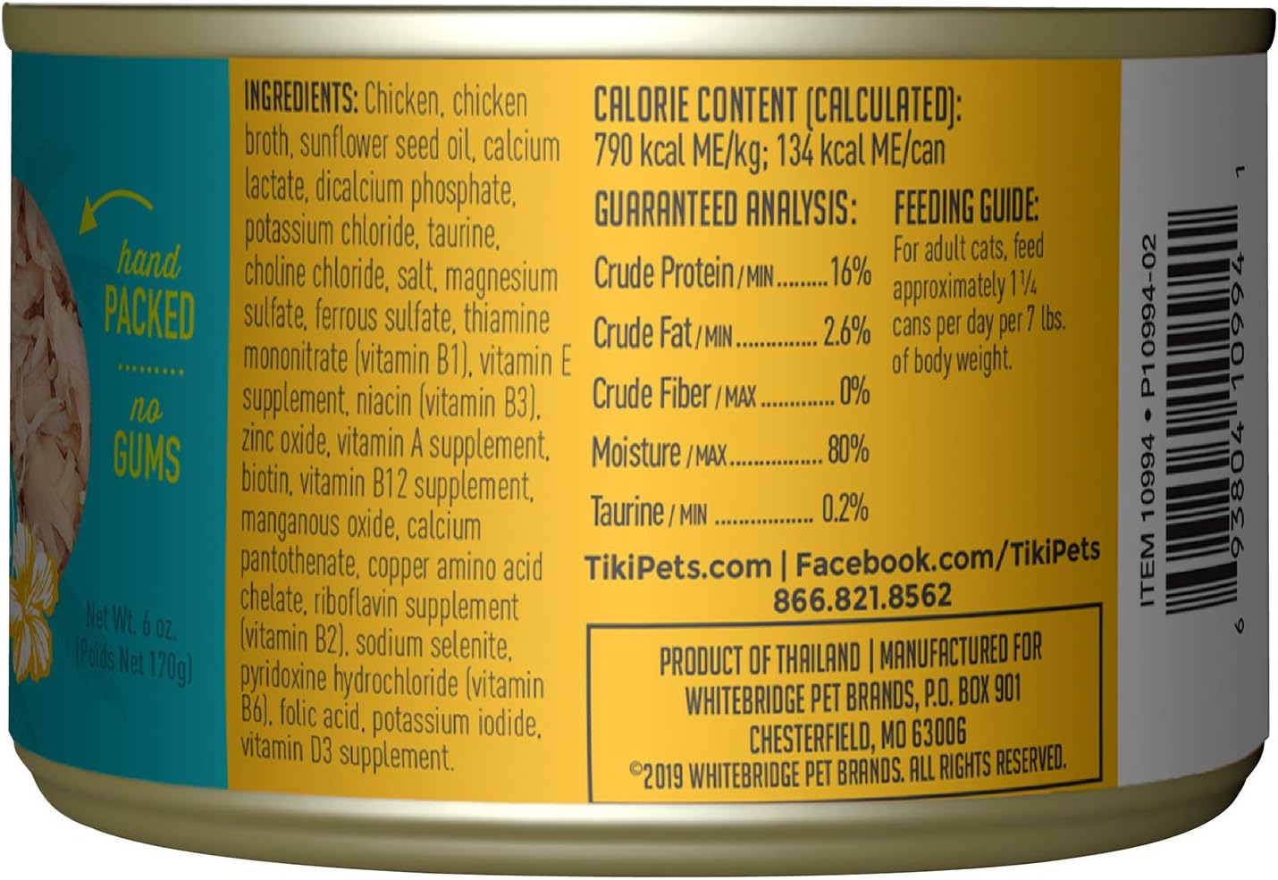 Alimento húmedo Tiki Cat Luau sin cereales y bajo en carbohidratos con aves o pescado en consomé para gatos adultos y gatitos, 6 onzas, paquete de 8, pollo