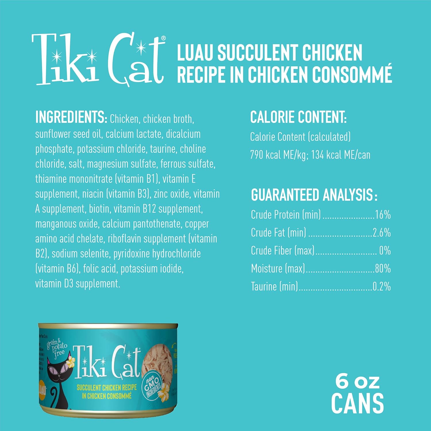 Alimento húmedo Tiki Cat Luau sin cereales y bajo en carbohidratos con aves o pescado en consomé para gatos adultos y gatitos, 6 onzas, paquete de 8, pollo