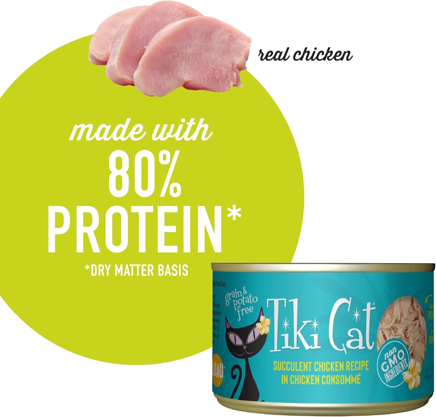 Alimento húmedo Tiki Cat Luau sin cereales y bajo en carbohidratos con aves o pescado en consomé para gatos adultos y gatitos, 6 onzas, paquete de 8, pollo