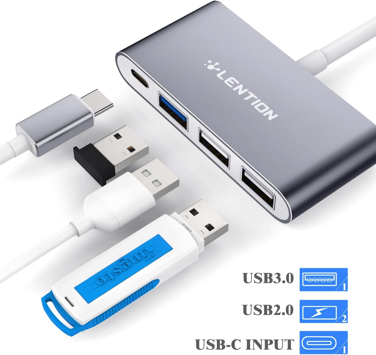 LENTION Hub USB-C 4-in-1 dengan Tipe C, USB 3.0, USB 2.0 Kompatibel dengan MacBook Pro 13/14/15/16 2023-2016, Mac Air/Surface Baru, ChromeBook, Lainnya, Adaptor Penghubung Pengisian Daya Multiport (C13, Space Grey)