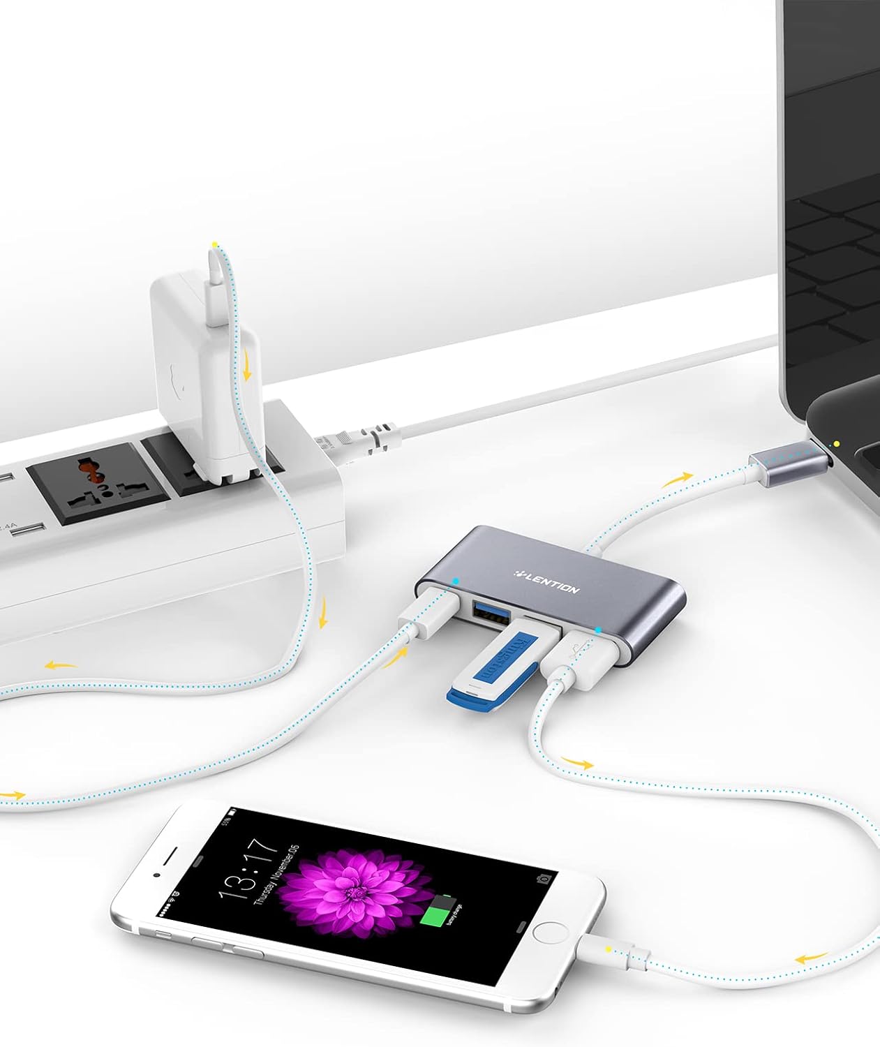 LENTION Hub USB-C 4-in-1 dengan Tipe C, USB 3.0, USB 2.0 Kompatibel dengan MacBook Pro 13/14/15/16 2023-2016, Mac Air/Surface Baru, ChromeBook, Lainnya, Adaptor Penghubung Pengisian Daya Multiport (C13, Space Grey)