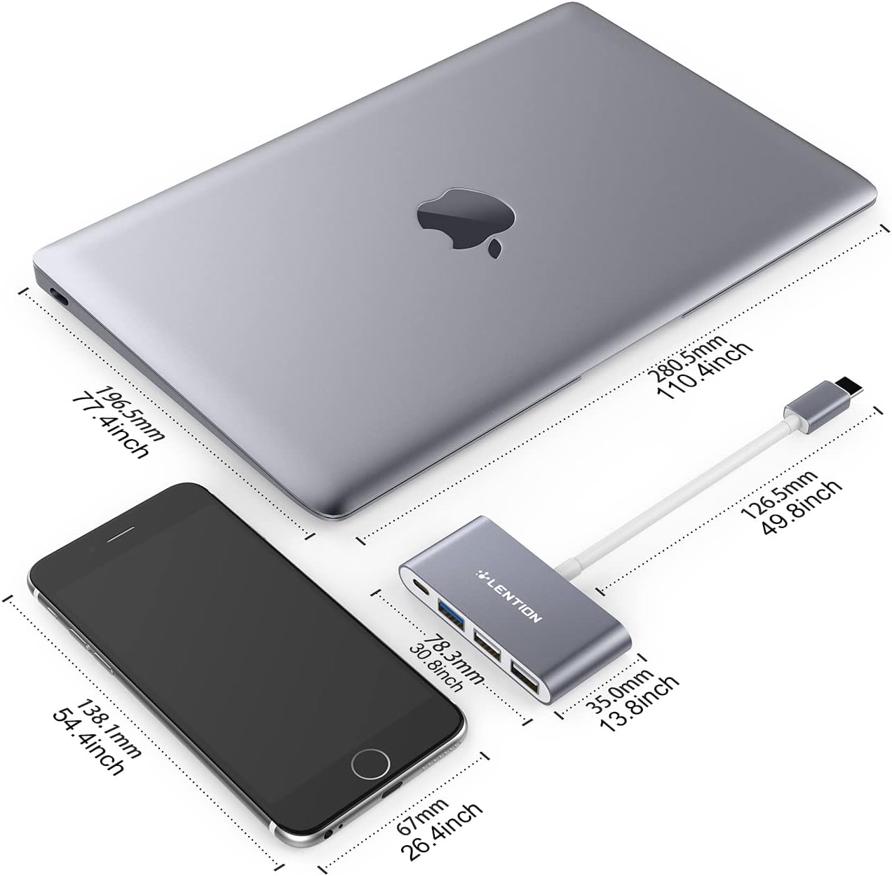 LENTION Hub USB-C 4-in-1 dengan Tipe C, USB 3.0, USB 2.0 Kompatibel dengan MacBook Pro 13/14/15/16 2023-2016, Mac Air/Surface Baru, ChromeBook, Lainnya, Adaptor Penghubung Pengisian Daya Multiport (C13, Space Grey)
