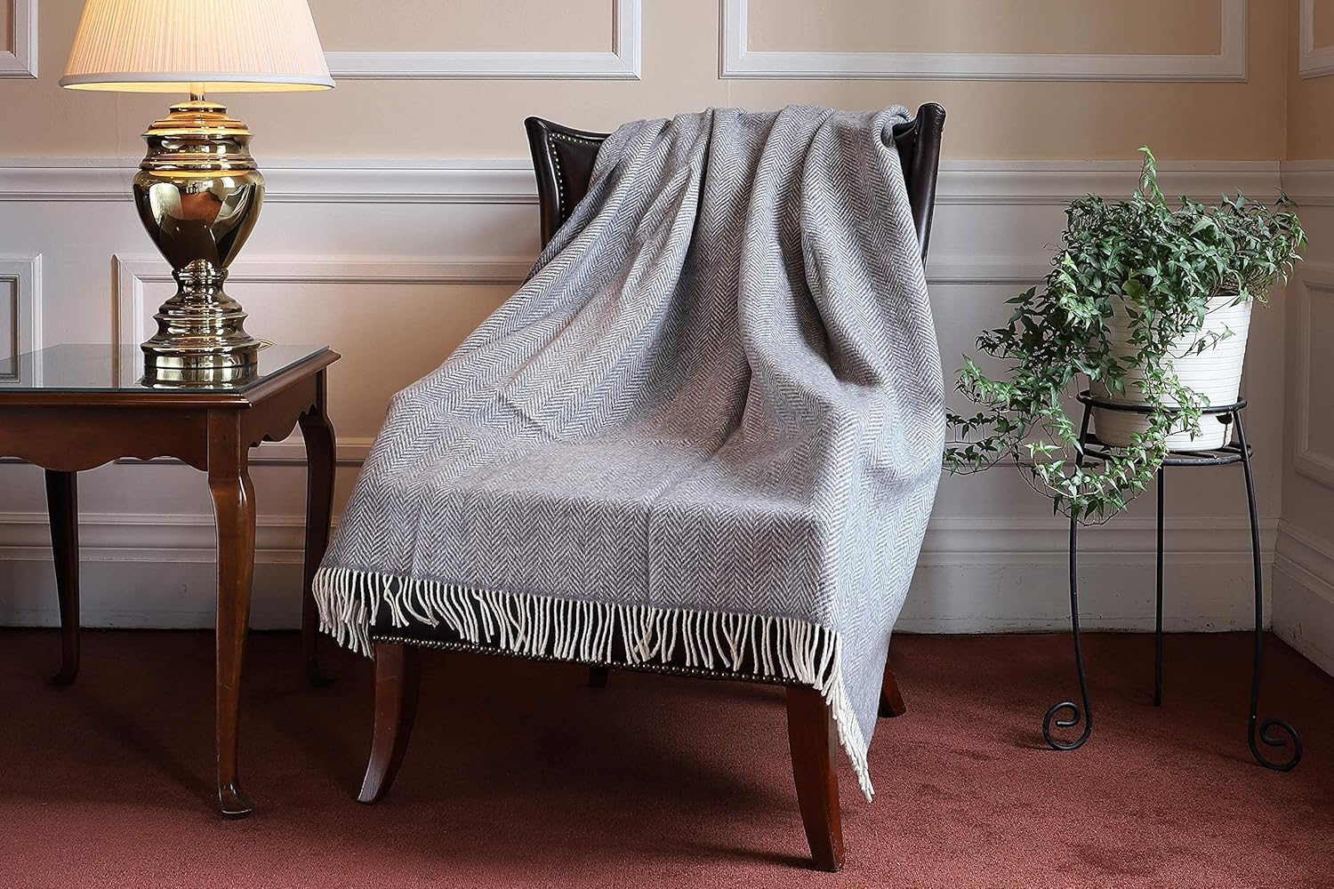 Grey Blanket - Woven in Ireland - Supersoft Cashmere and Fluffy Merino Wool - 6 ft x 4.5 ft Grey Wool Throw - Classic Herrignbone Pattern - Heirloom quality from Irish Artisan Weaving Mill · v2