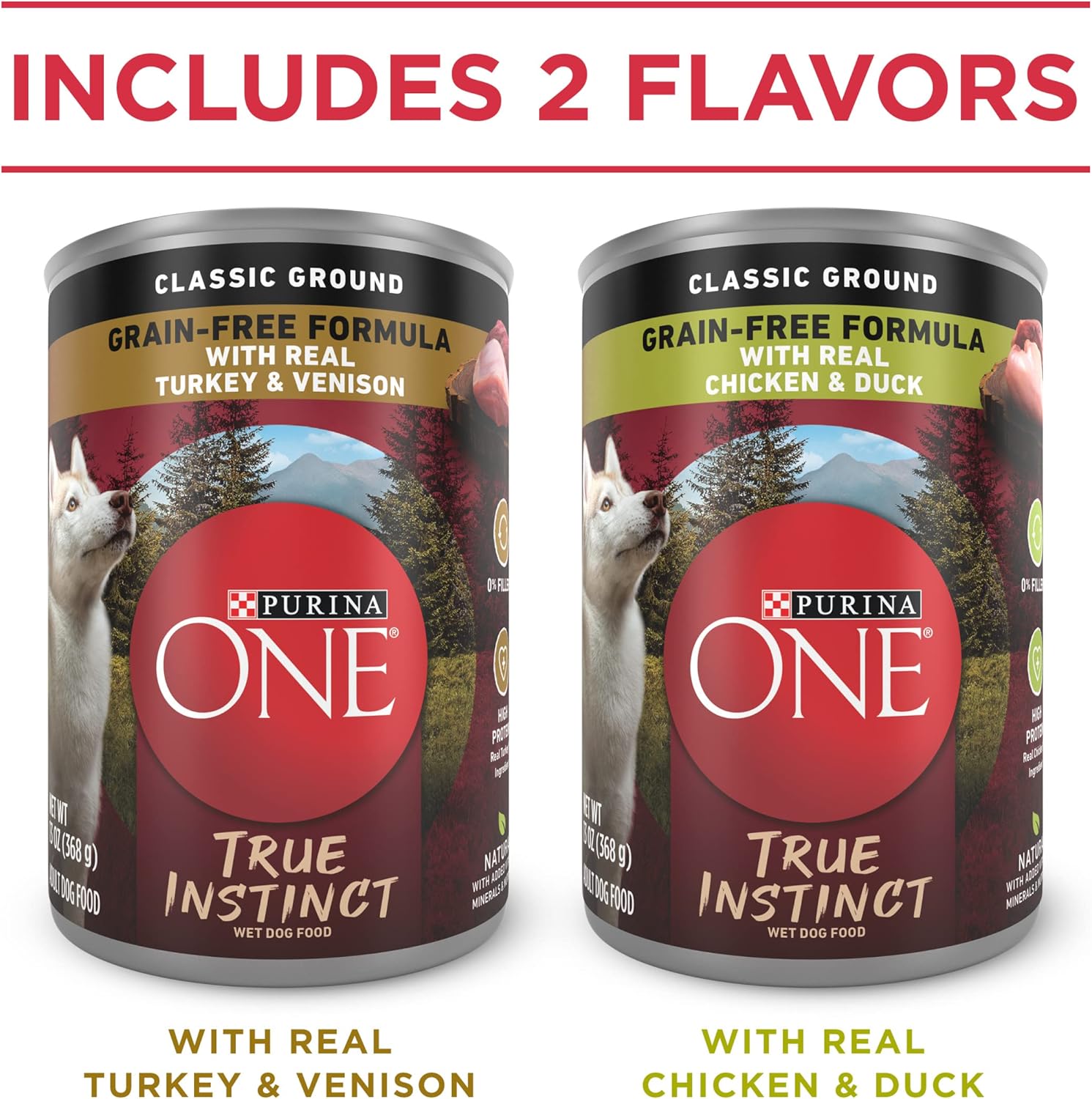 طعام الكلاب الرطب عالي البروتين من Purina ONE True Instinct Classic Ground Grain-Free Formulas With Real Turkey and Venison, With Real Chicken and Duck مجموعة متنوعة - (عبوة من 6 عبوات) 13 أونصة
