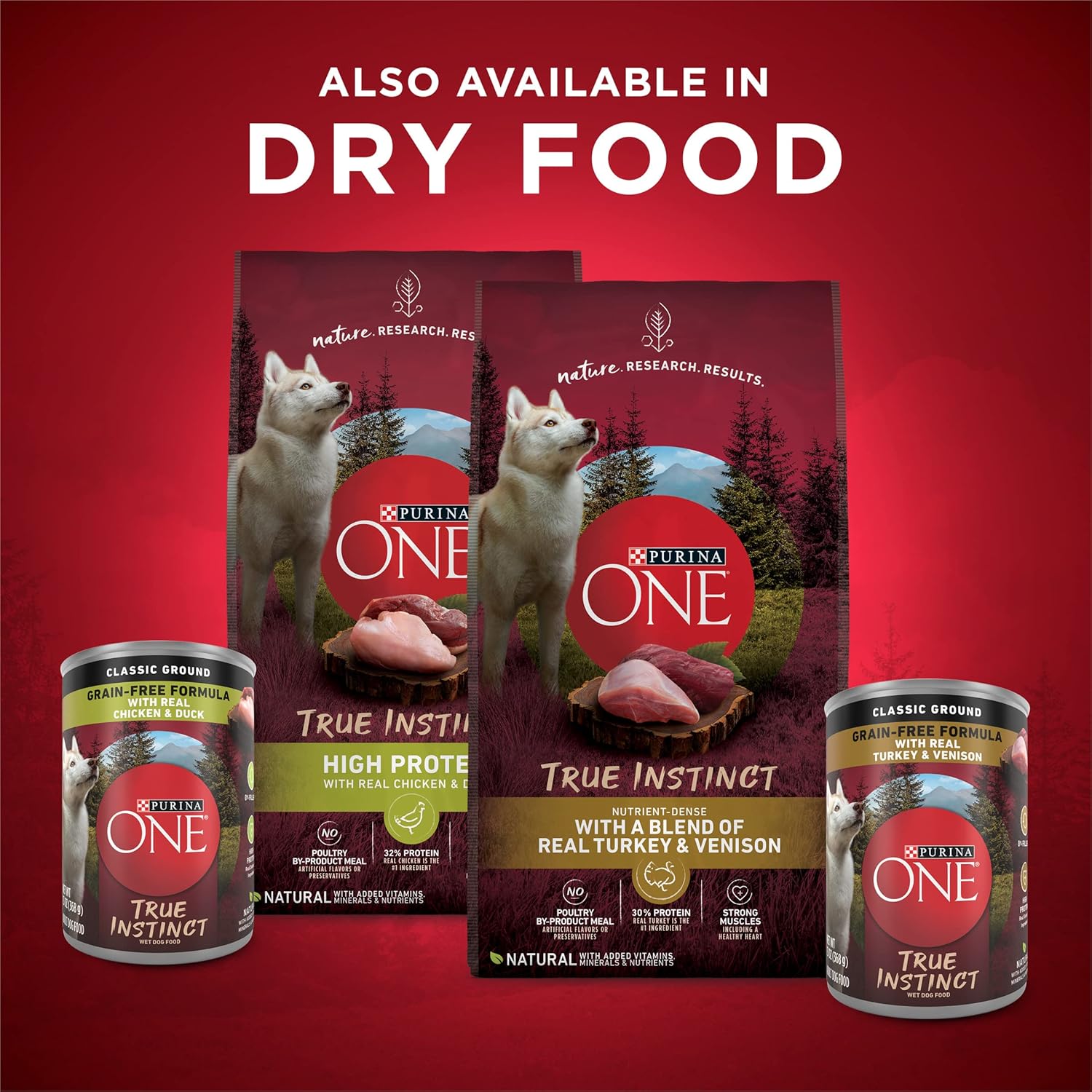 طعام الكلاب الرطب عالي البروتين من Purina ONE True Instinct Classic Ground Grain-Free Formulas With Real Turkey and Venison, With Real Chicken and Duck مجموعة متنوعة - (عبوة من 6 عبوات) 13 أونصة