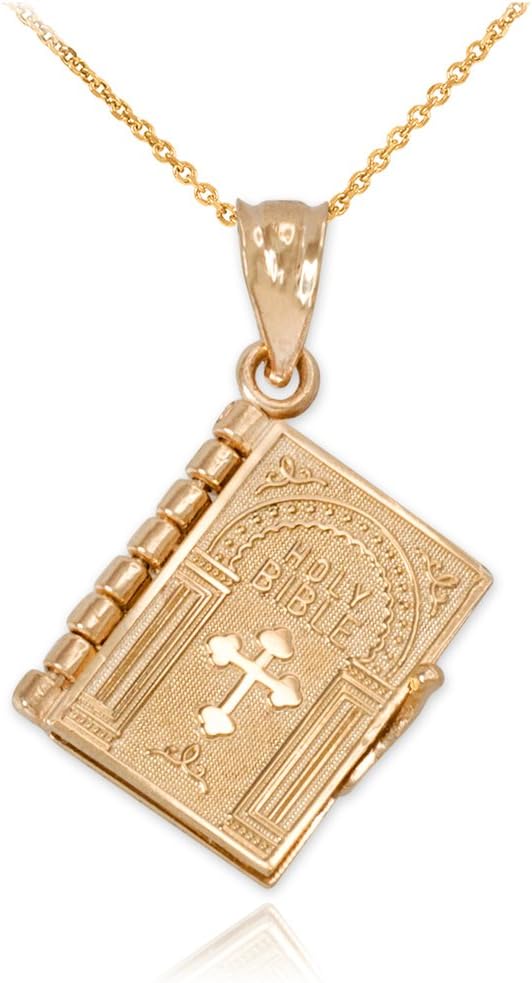 Religious Jewelry Polished 14k Gold 3D Holy Bible Book w/Lords Prayer Pendant Necklace · v2