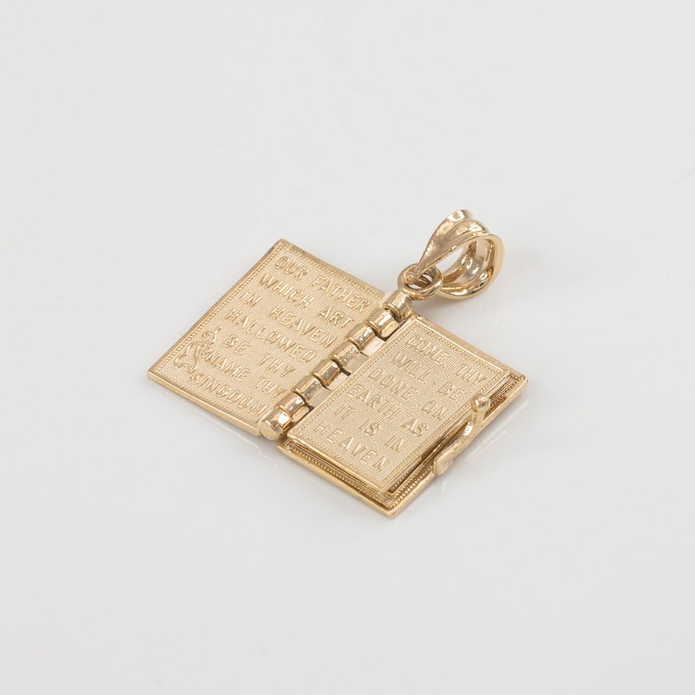 Religious Jewelry Polished 14k Gold 3D Holy Bible Book w/Lords Prayer Pendant Necklace · v2
