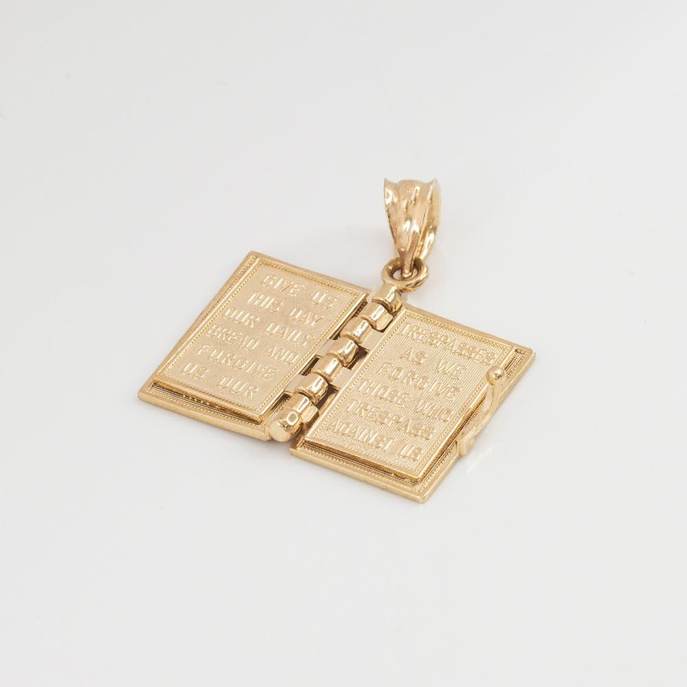 Religious Jewelry Polished 14k Gold 3D Holy Bible Book w/Lords Prayer Pendant Necklace · v2