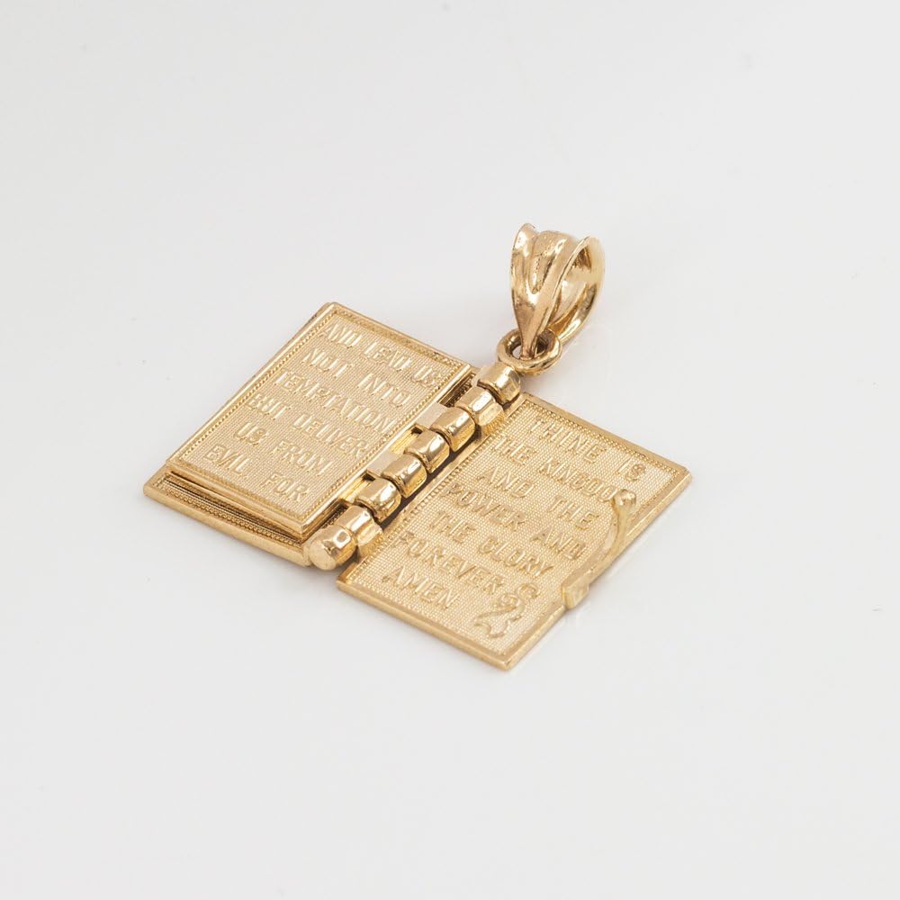 Religious Jewelry Polished 14k Gold 3D Holy Bible Book w/Lords Prayer Pendant Necklace · v2