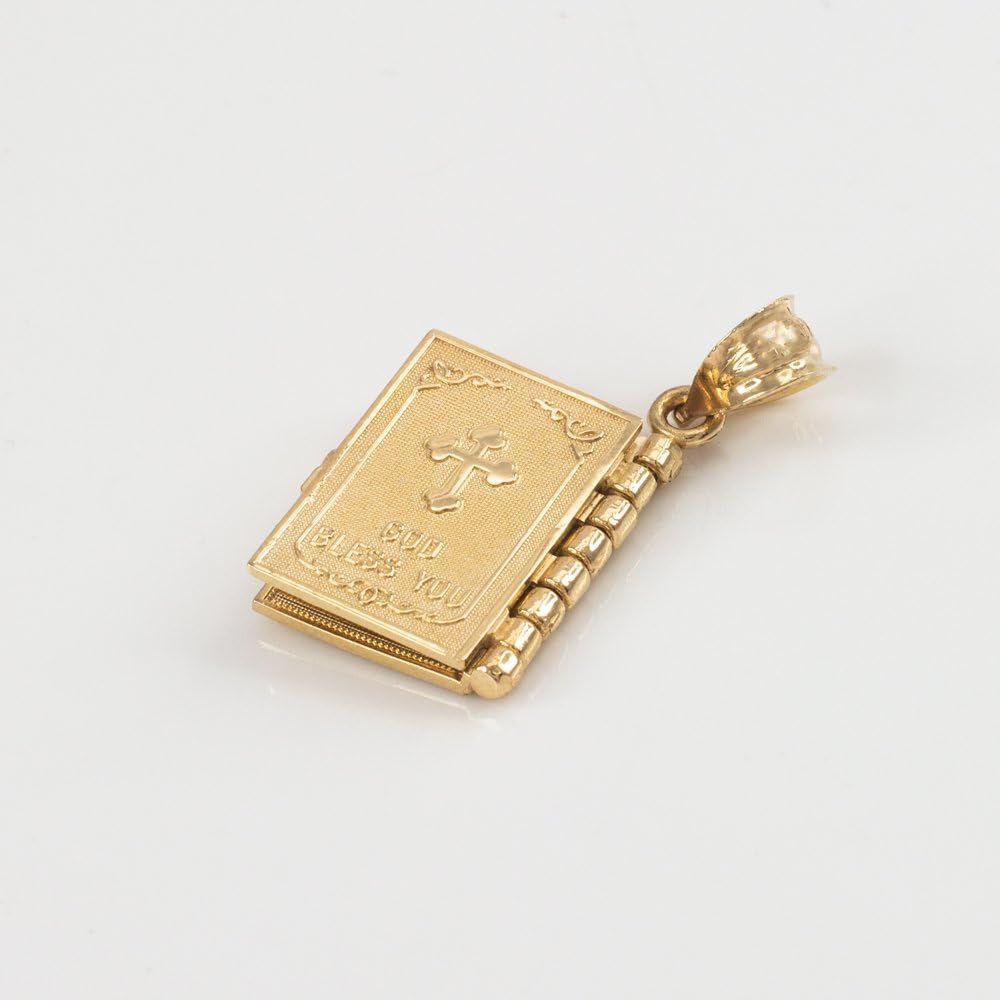 Religious Jewelry Polished 14k Gold 3D Holy Bible Book w/Lords Prayer Pendant Necklace · v2