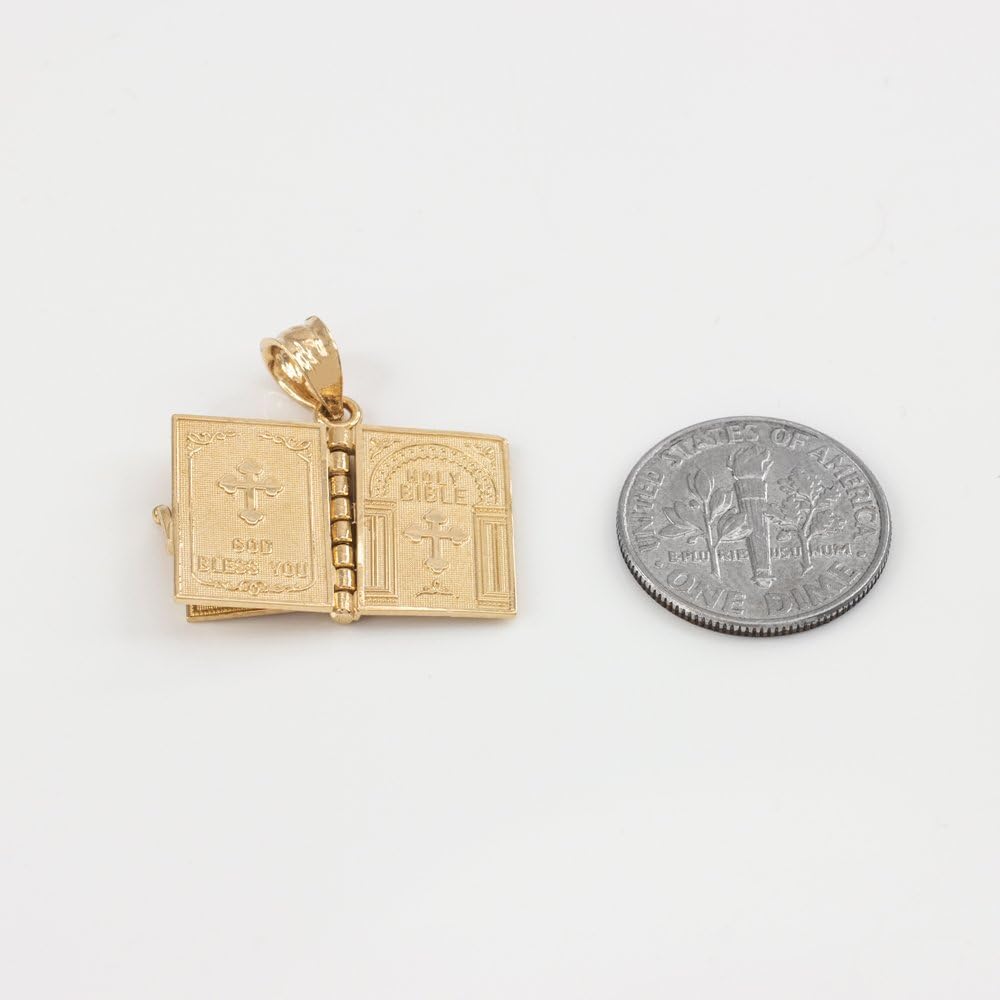 Religious Jewelry Polished 14k Gold 3D Holy Bible Book w/Lords Prayer Pendant Necklace · v2
