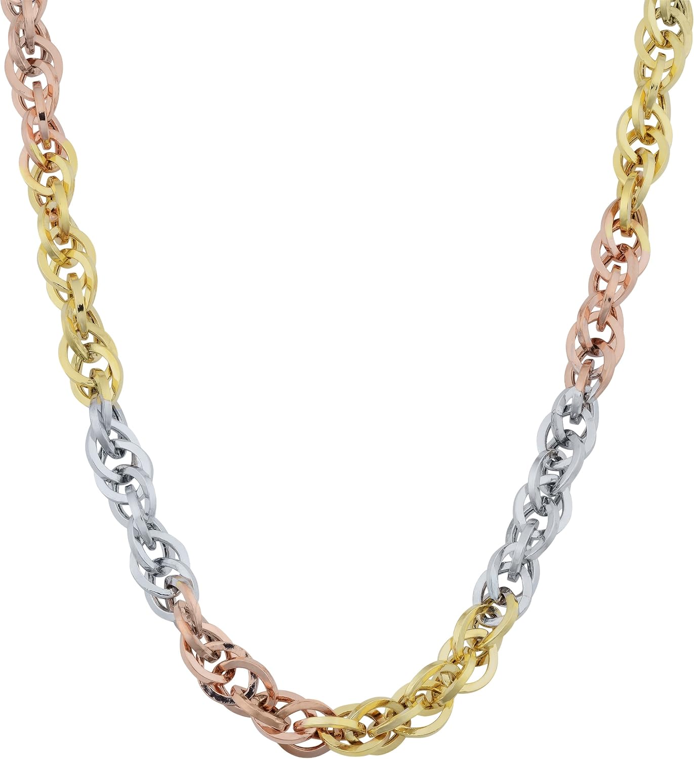 Kooljewelry Halskette aus echtem 10-karätigem dreifarbigem Gold, 3,8 mm, mit doppeltem Kabelglied (18 oder 20 Zoll)