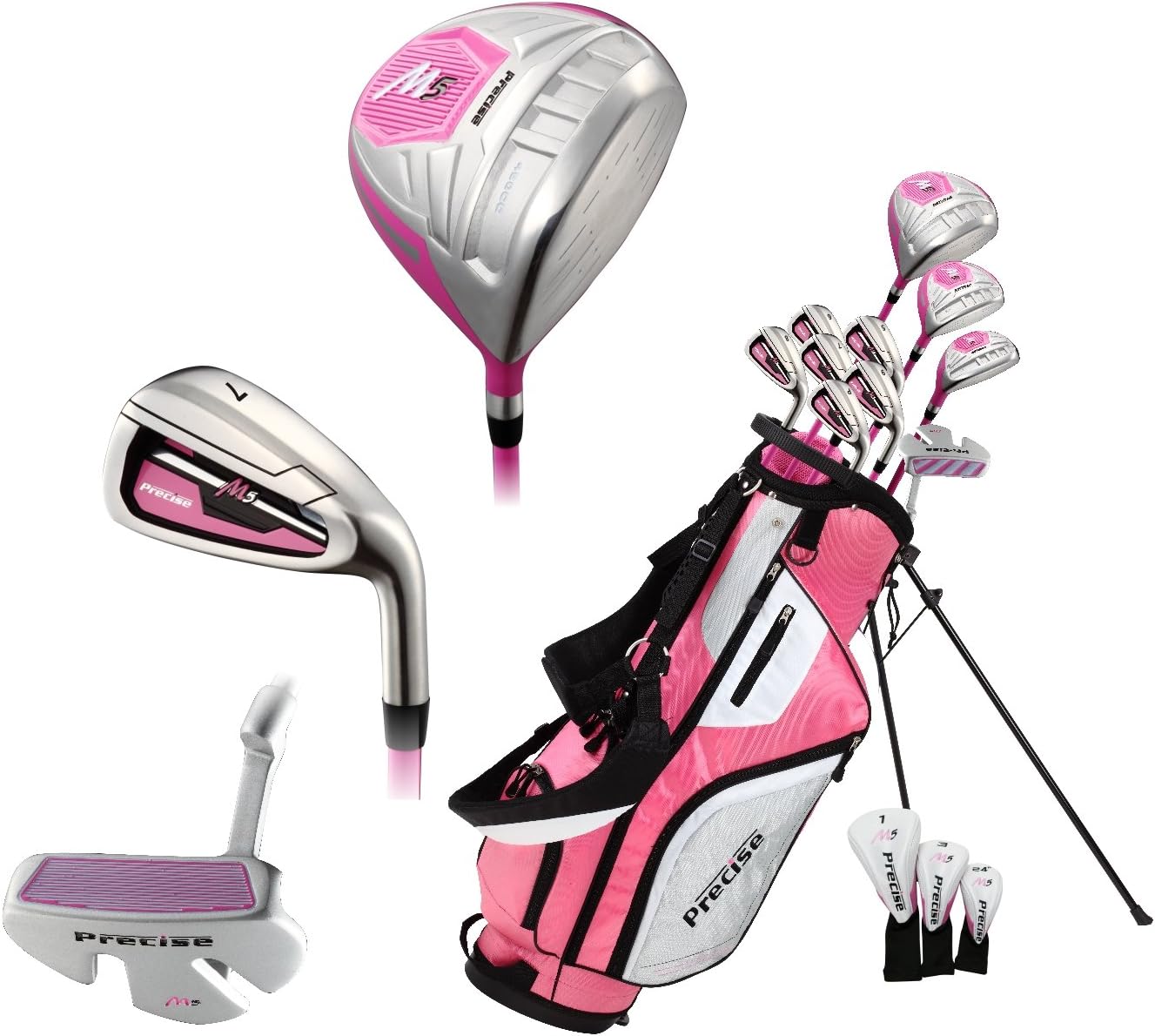 Set di mazze da golf M5 per mano destra Top Line da donna rosa, include: Driver, Wood, Hybrid, n. 5,6,7,8,9, ferri da stiro PW in acciaio inossidabile, putter, aste in grafite per ferri da stiro Woods, borsa con supporto e 3 copricapi
