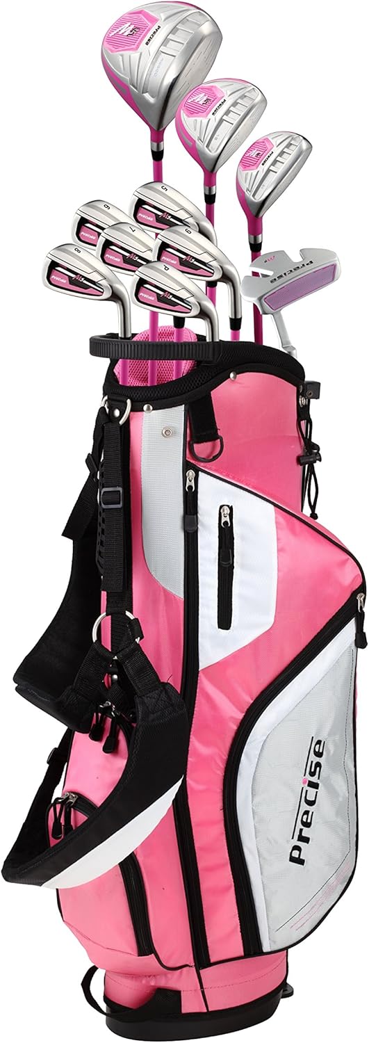 Set di mazze da golf M5 per mano destra Top Line da donna rosa, include: Driver, Wood, Hybrid, n. 5,6,7,8,9, ferri da stiro PW in acciaio inossidabile, putter, aste in grafite per ferri da stiro Woods, borsa con supporto e 3 copricapi