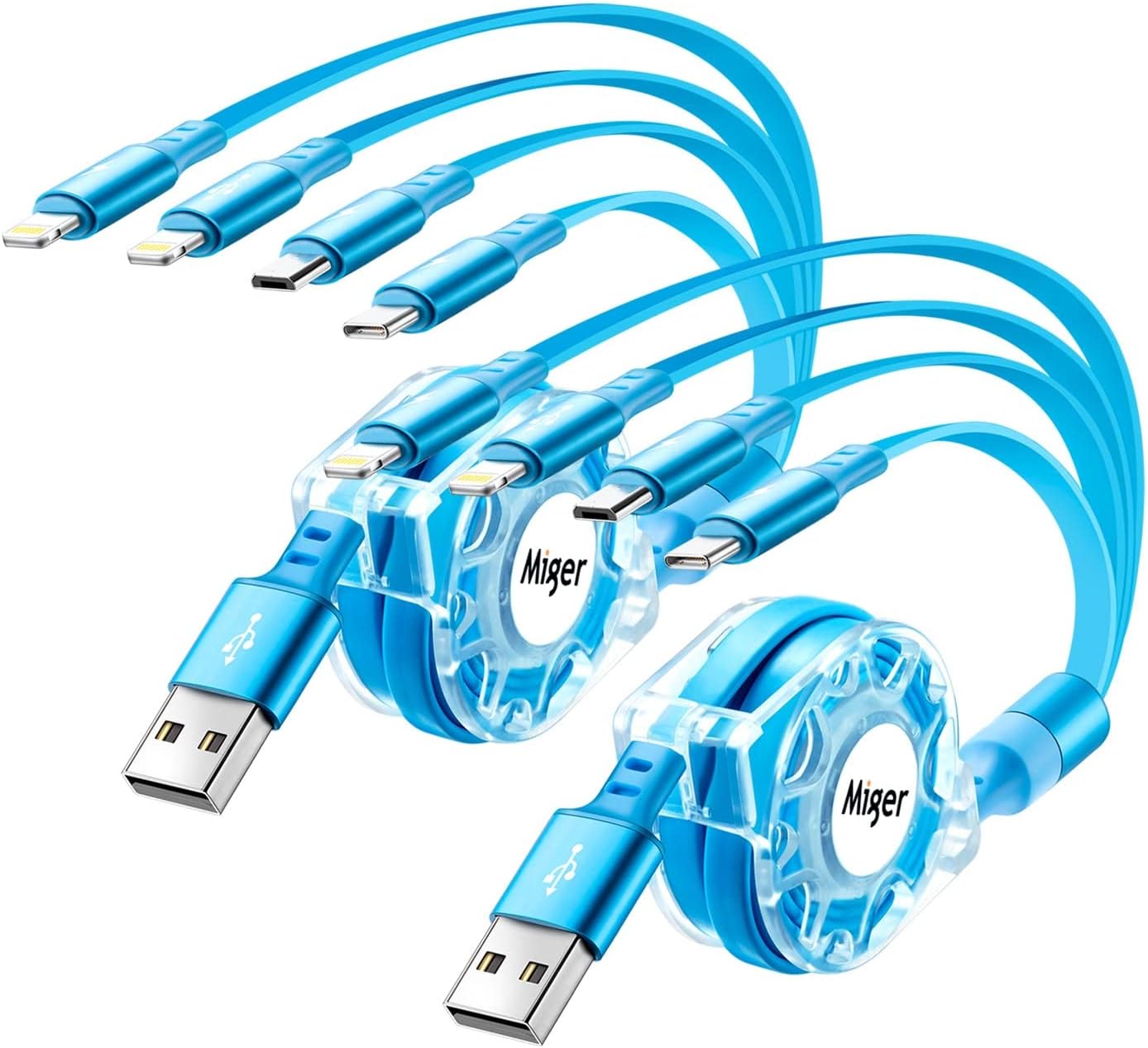 Câbles de recharge multiples, lot de 2 câbles USB rétractables de 4 pieds, chargeurs rapides 4 en 1 pour plusieurs appareils avec port Lightning/Type C/Micro USB pour téléphones portables, iPhone, iPad, Samsung Galaxy, PS, tablette, etc.