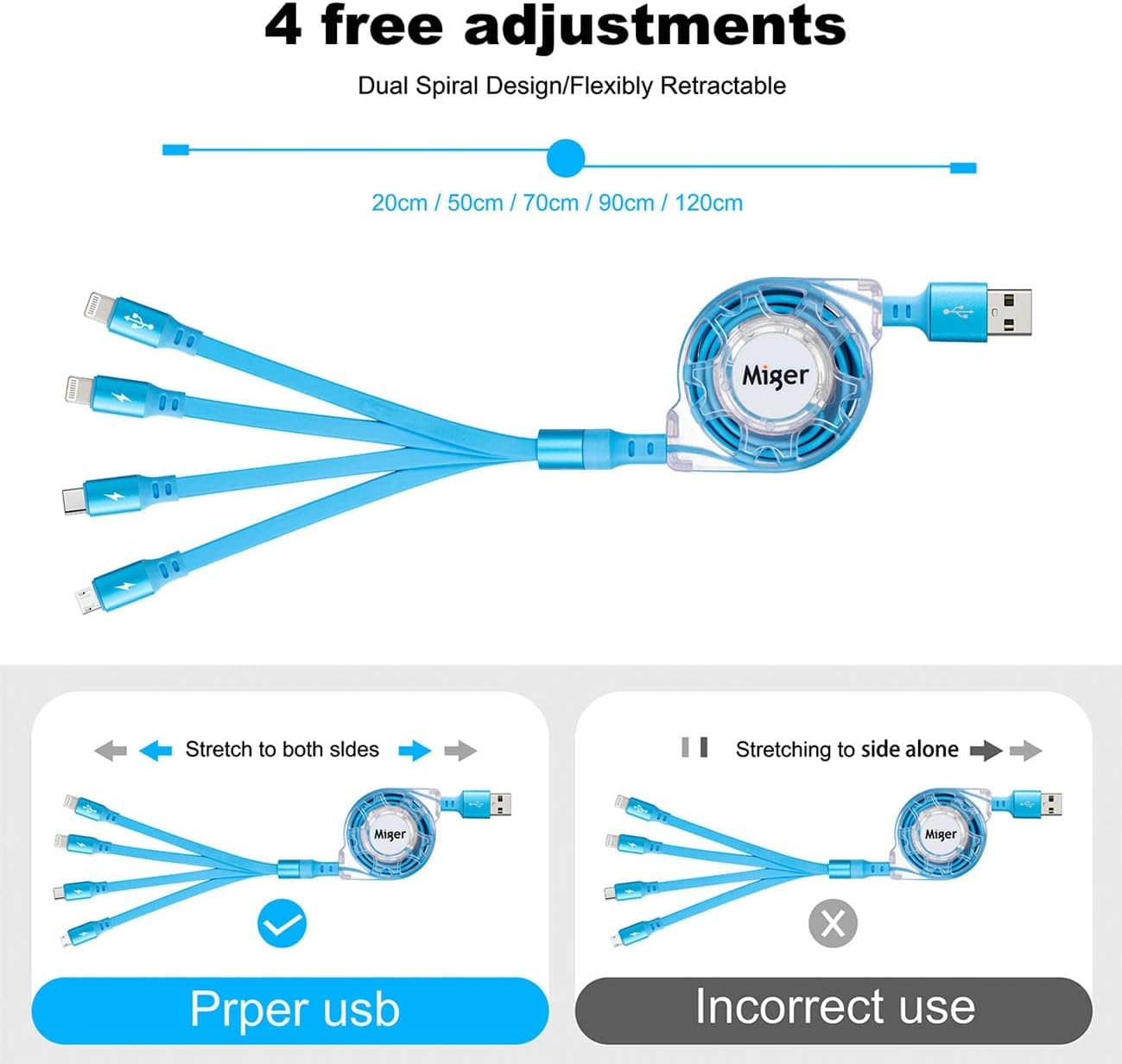 Multi Charging Cable,2Pack 4Ft Retractable USB Charger Cord 4 in 1 Fast Chargers for Multiple Devices with Lightning/Type C/Micro USB Port for Cell Phones,iPhone,iPad,Samsung Galaxy,PS,Tablet,More · v2