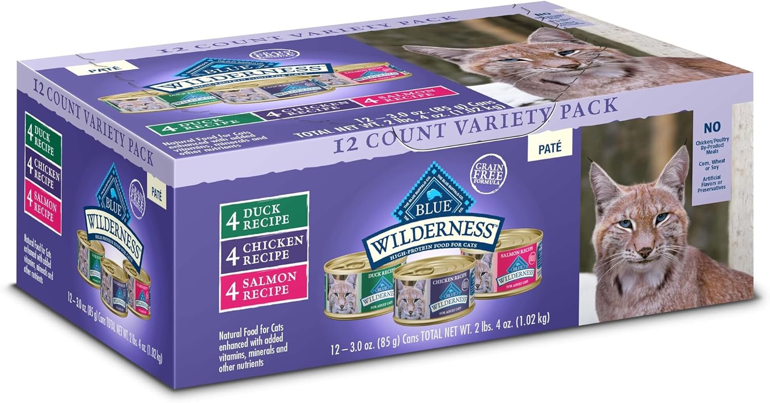 Nourriture humide pour chats Blue Buffalo Wilderness, riche en protéines et naturelle, pâté naturel pour chats, poulet, saumon et canard, boîtes de 3 oz (12 unités, 4 de chaque saveur)