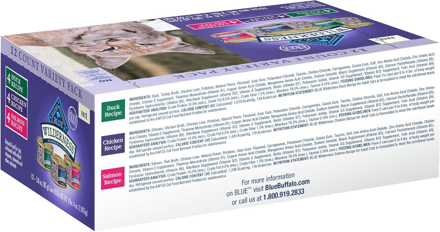Nourriture humide pour chats Blue Buffalo Wilderness, riche en protéines et naturelle, pâté naturel pour chats, poulet, saumon et canard, boîtes de 3 oz (12 unités, 4 de chaque saveur)