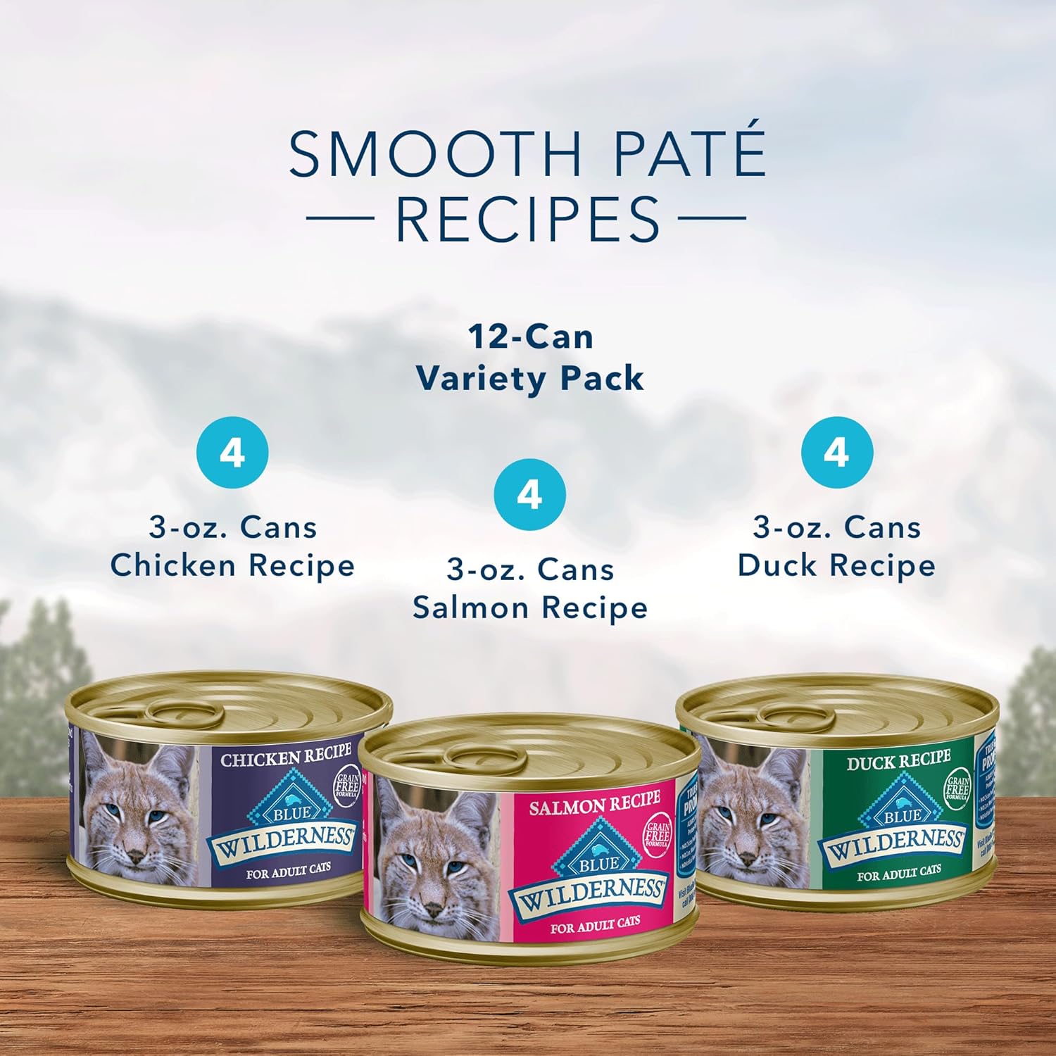 Nourriture humide pour chats Blue Buffalo Wilderness, riche en protéines et naturelle, pâté naturel pour chats, poulet, saumon et canard, boîtes de 3 oz (12 unités, 4 de chaque saveur)