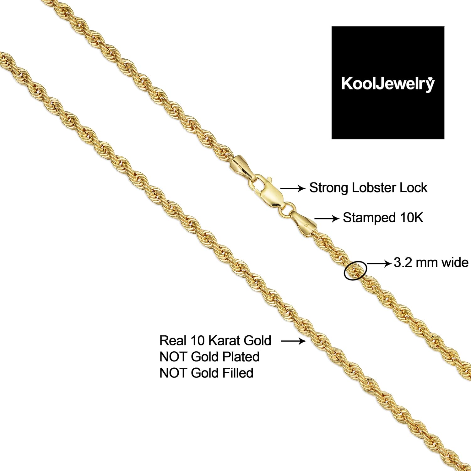 Kooljewelry 10k Yellow Gold Rope Chain Necklace For Men And Women (choose from 1.5mm, 1.8mm, 2.6mm, 3.2mm, 3.8mm or 4.8mm. size from 16 until 30 inches long) · v2