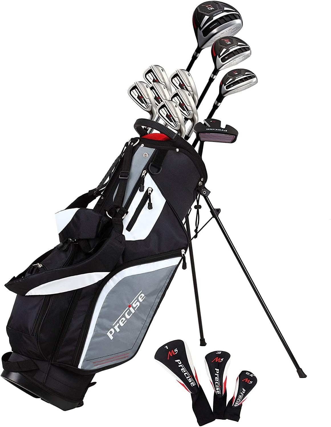 Il set completo di mazze da golf Precise M5 da uomo include Titanium Driver, S.S. Fairway, S.S. Hybrid, S.S. 5-PW Irons, putter, stand bag, 3 H/C