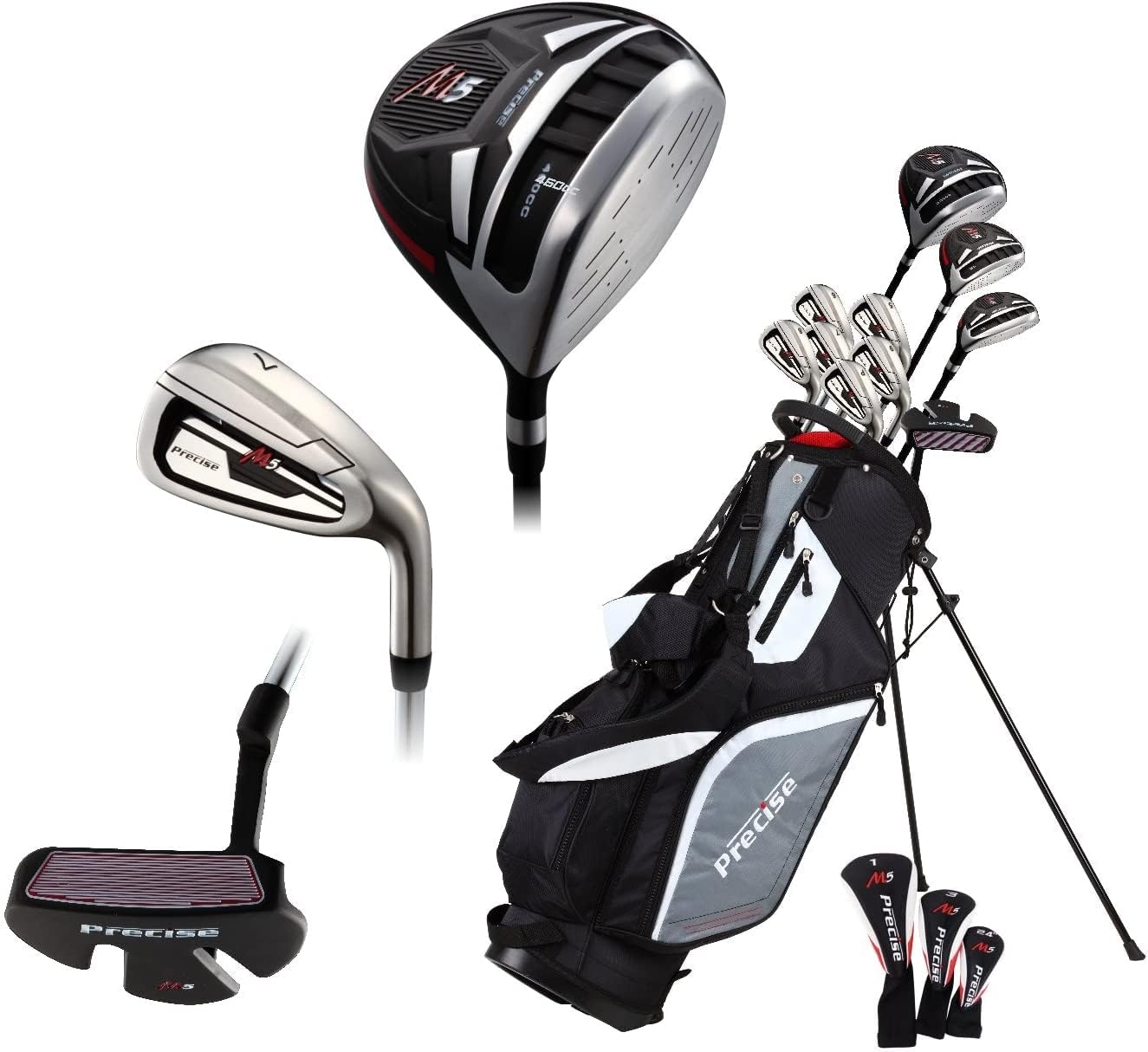 Precise M5 Mens Complete Golf Clubs Package Set Includes Titanium Driver, S.S. Fairway, S.S. Hybrid, S.S. 5-PW Irons, Putter, Stand Bag, 3 H/C's · v3