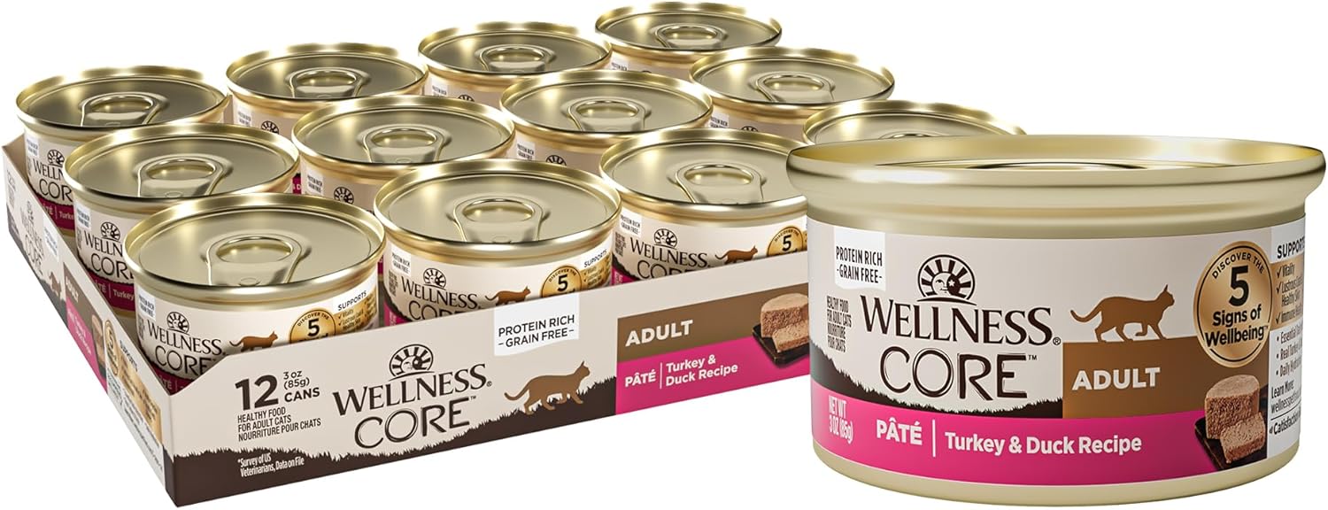Cibo umido per gatti Wellness CORE senza cereali, cibo naturale in scatola per gatti, a base di vera carne (patè di anatra e tacchino, lattine da 3 once, confezione da 12)
