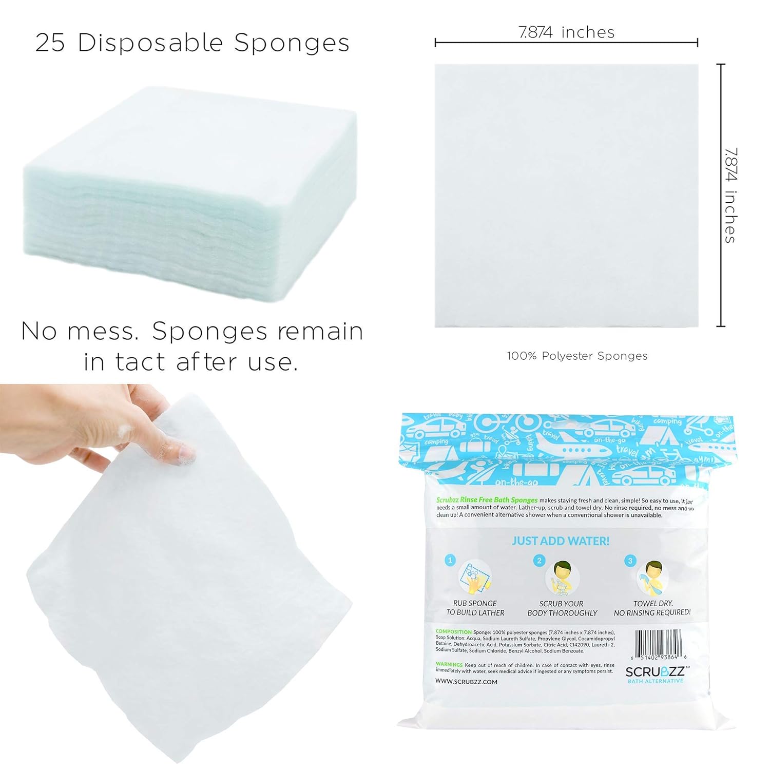 Scrubzz Disposable Rinse Free Bathing Wipes - 25 Pack - All-in-1 Single Use Shower Wipes, Simply Dampen, Lather, and Dry Without Shampoo or Rinsing · v2