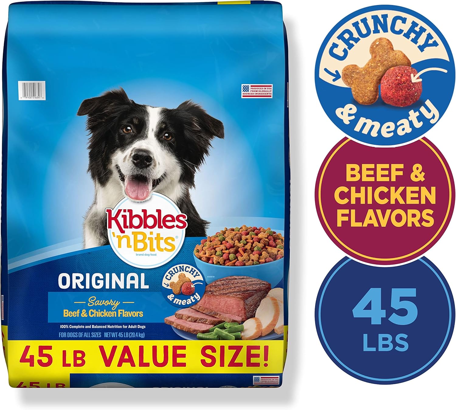Kibbles N Bits Original Savory Beef Chicken Flavours Droog hondenvoer, zak van 45 pond