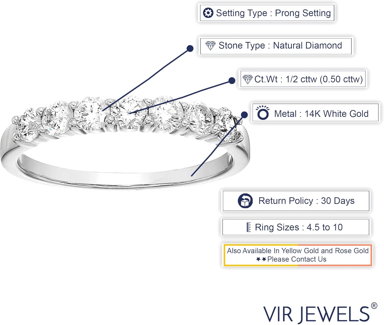 1/2 carat (ctw) Diamond Wedding Anniversary Band for Women, Round Diamond Engagement Ring 14K White Gold Prong Set 0.50 cttw, Size 4-10 · v2