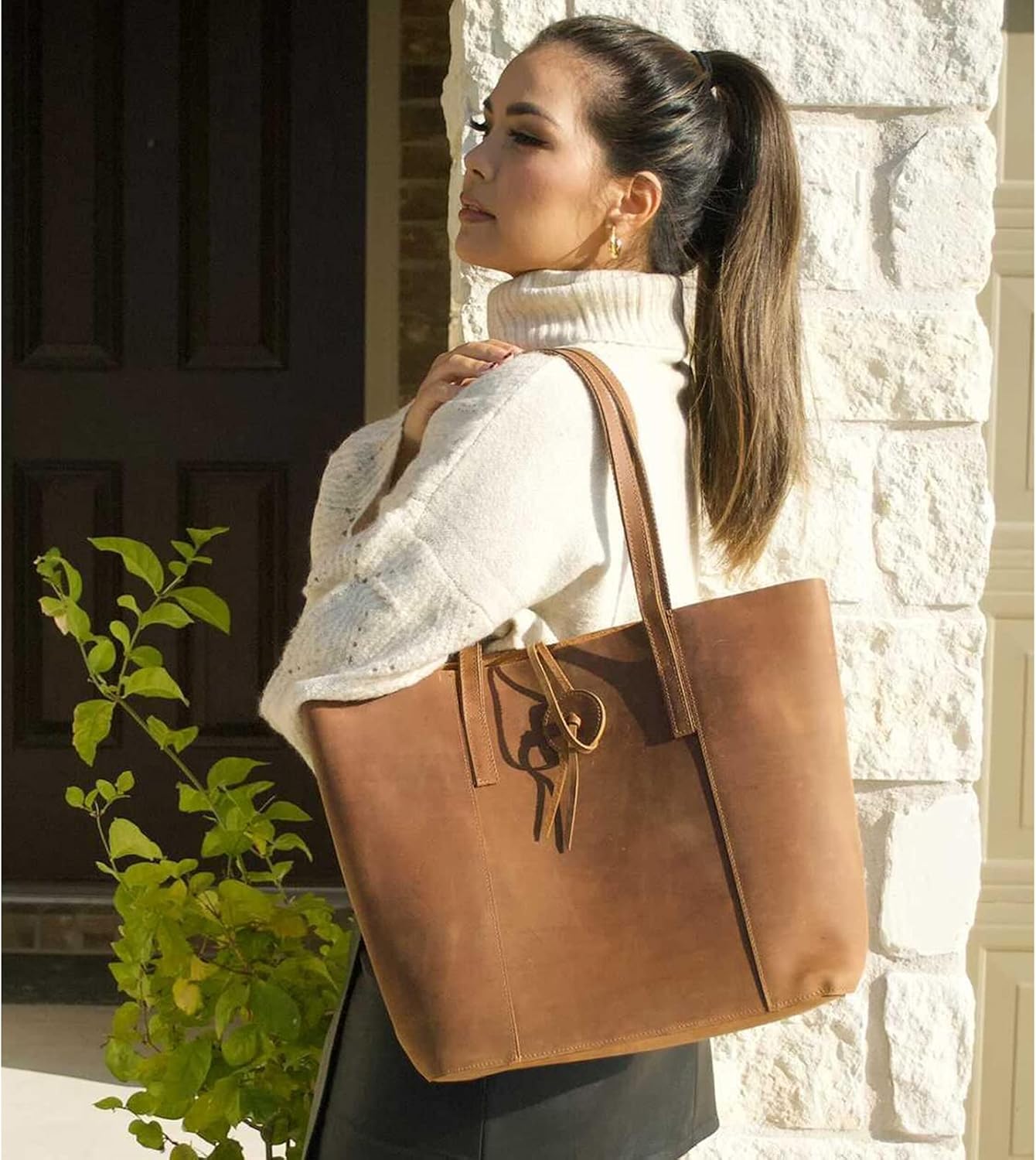 S-ZONE Vintage Genuine Leather Tote Bag for Women Large Shoulder Purse Handbag · v2