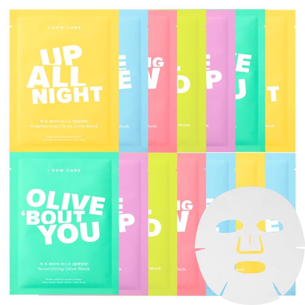 I DEW CARE Korean Glass Skin Sheet Mask 14 Variety Pack | Face Mask Pack For Perfect Skin Care Routine, 2 Week Care Intense Skincare Makeover with Collagen, Overnight, Tea Tree Oil, 14 Count · v3