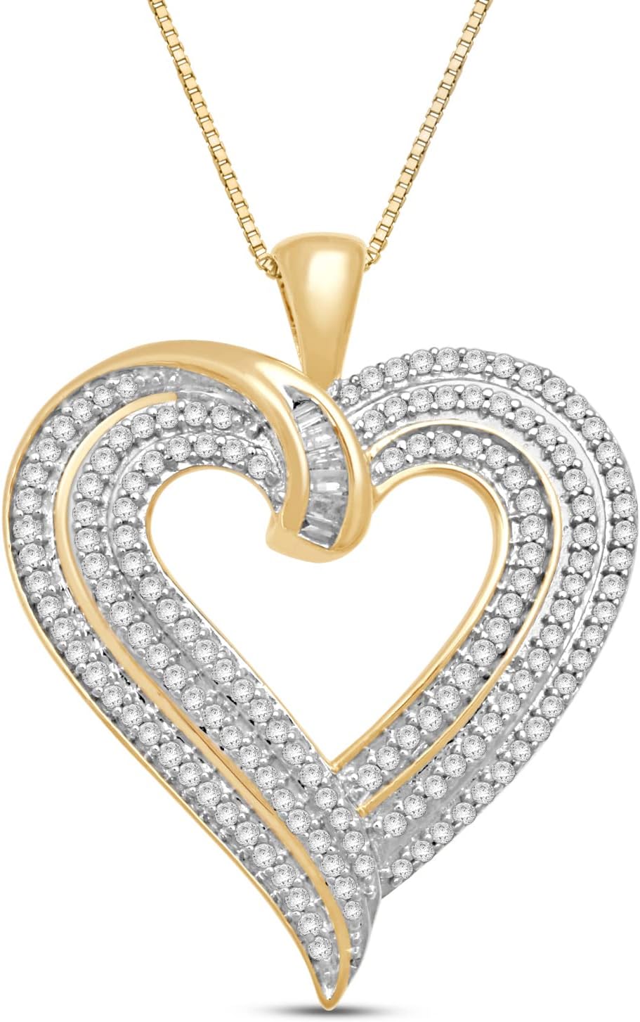 Jewelili, ciondolo a forma di cuore con diamanti bianchi naturali rotondi e baguette, 1/2 Cttw, in oro bianco o giallo 10 carati, catena a catenina da 18