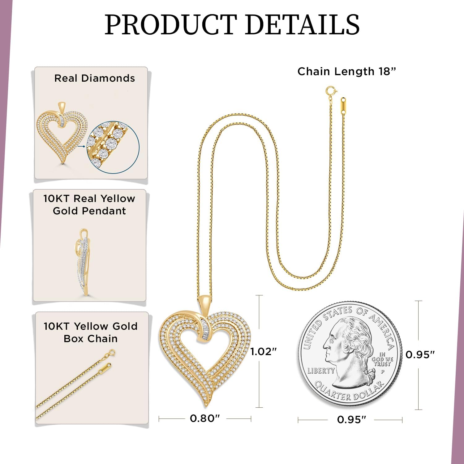 Jewelili, ciondolo a forma di cuore con diamanti bianchi naturali rotondi e baguette, 1/2 Cttw, in oro bianco o giallo 10 carati, catena a catenina da 18