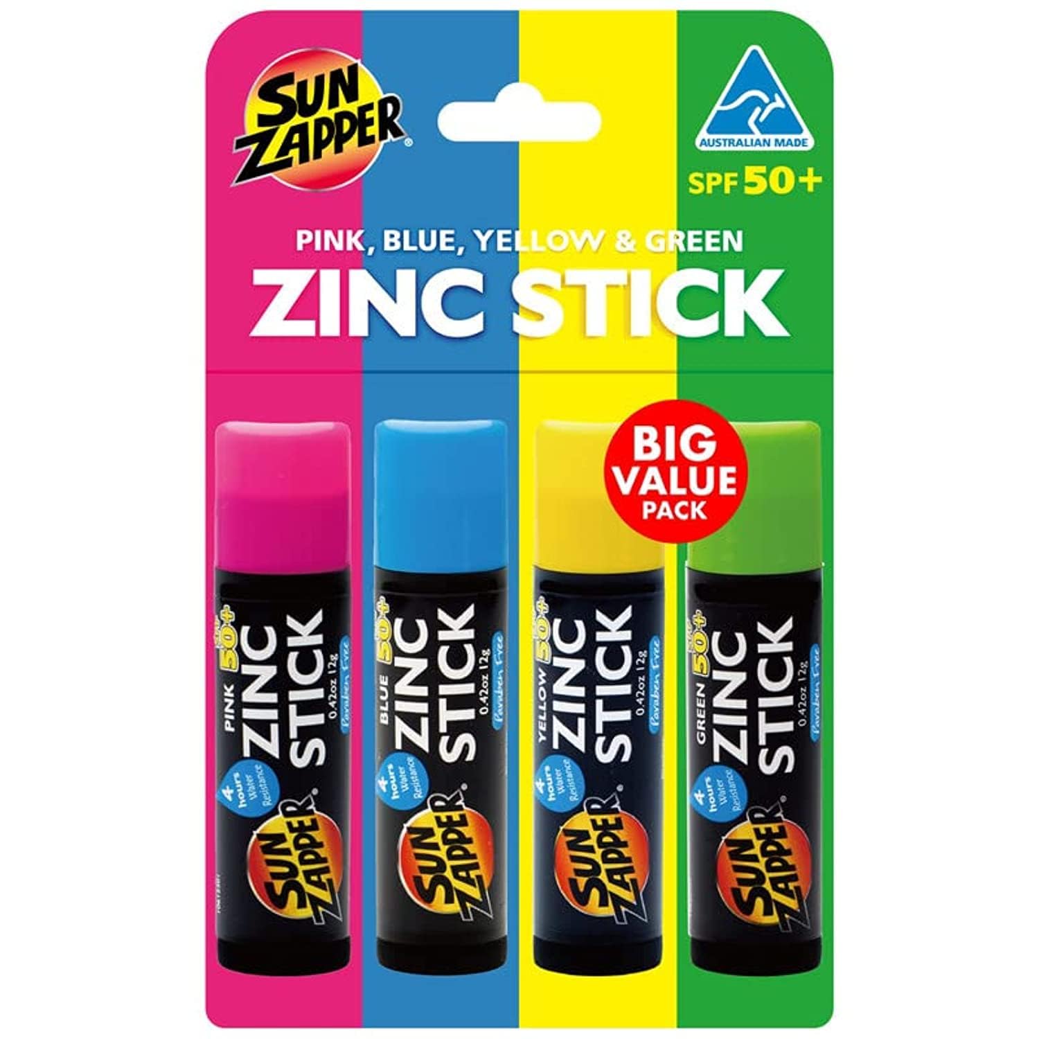 Sun Zapper Zinc Oxide Mineral Sunscreen Stick – SPF 50  Water Resistant – 4-Pack (Pink, Blue, Green, Yellow) Rainbow Pack – For Face  Body – Made in Australia