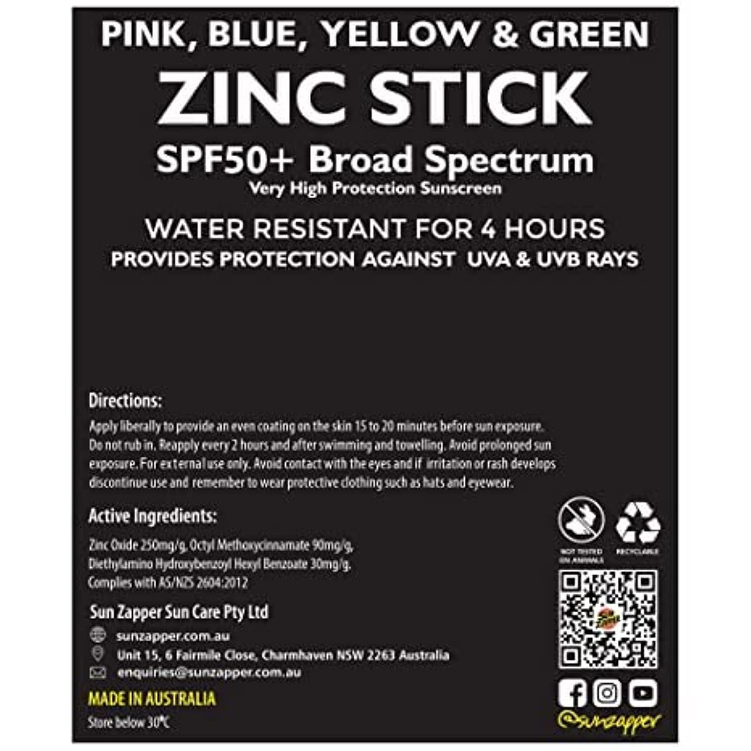 Sun Zapper Zinc Oxide Mineral Sunscreen Stick – SPF 50 Water Resistant – 4-Pack (Pink, Blue, Green, Yellow) Rainbow Pack – For Face Body – Made in Australia · v2
