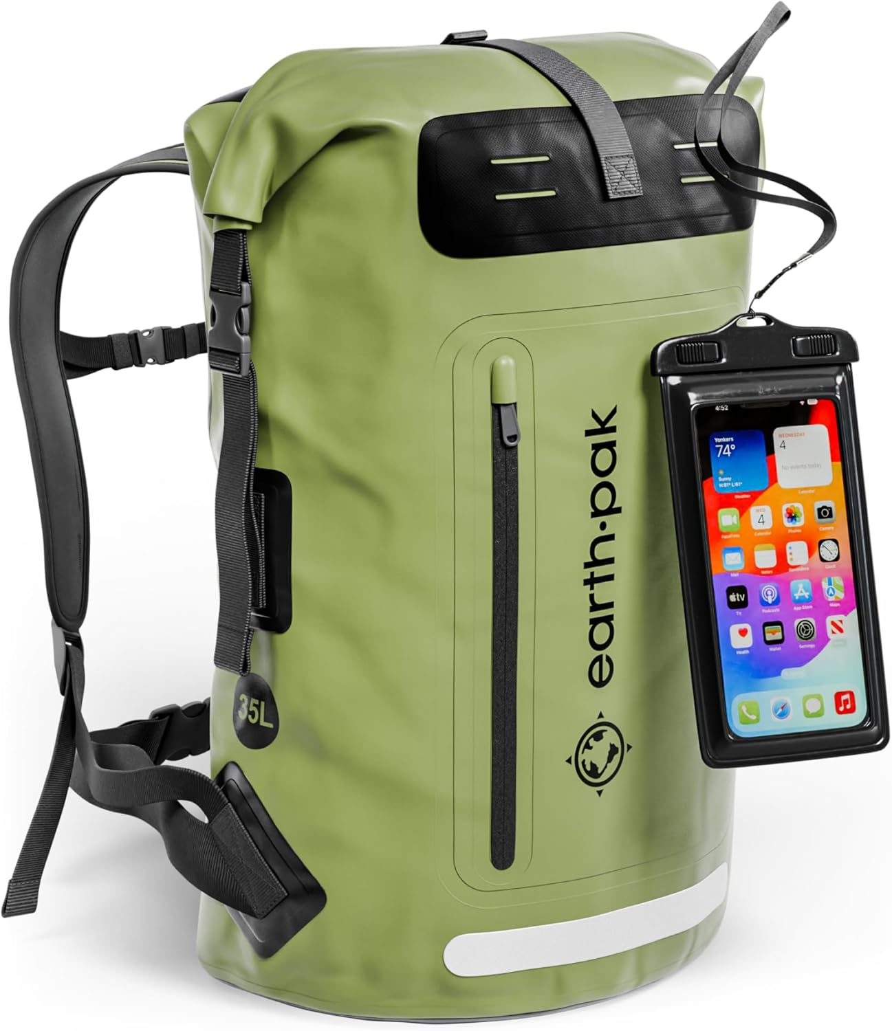 Earth Pak Waterproof Backpack - Heavy Duty Hiking Backpack - Roll-Top Closure - Waterproof Bag - Cushioned Dry Bags Waterproof w/ IPX8 Waterproof Phone Case - Wet Bag for Hiking, Kayak (Green 35L) · v2