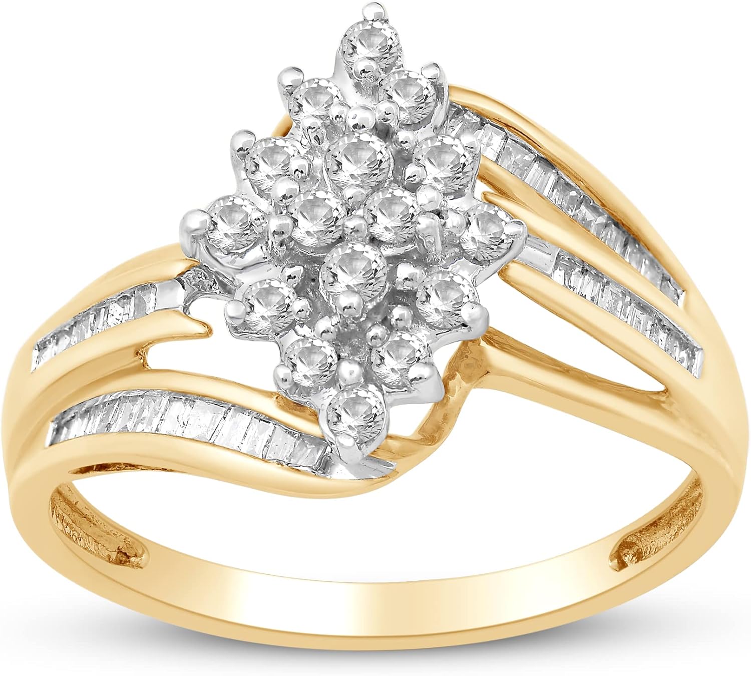 Jewelili 10K Yellow Gold 1/2 Cttw Natural White Round and Baguette Diamond Cluster Ring · v2