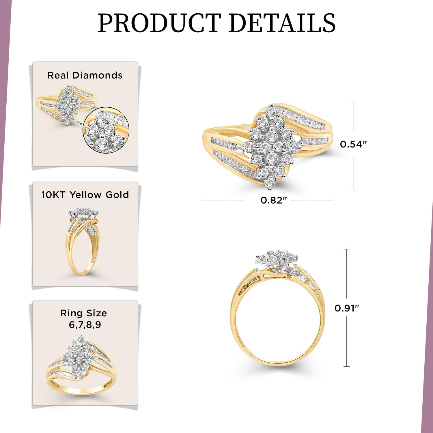 Jewelili 10K Yellow Gold 1/2 Cttw Natural White Round and Baguette Diamond Cluster Ring · v2
