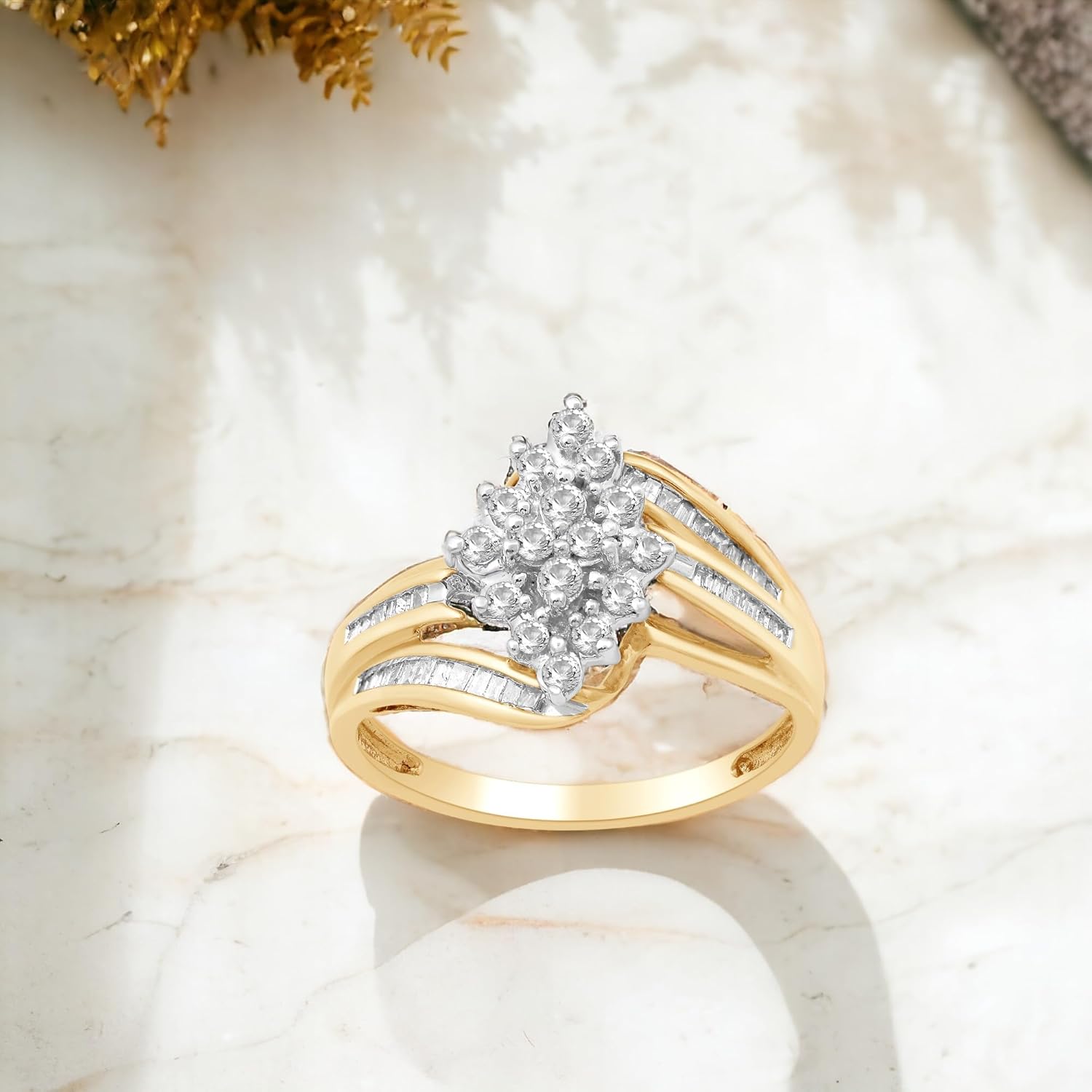 Jewelili 10K Yellow Gold 1/2 Cttw Natural White Round and Baguette Diamond Cluster Ring · v2