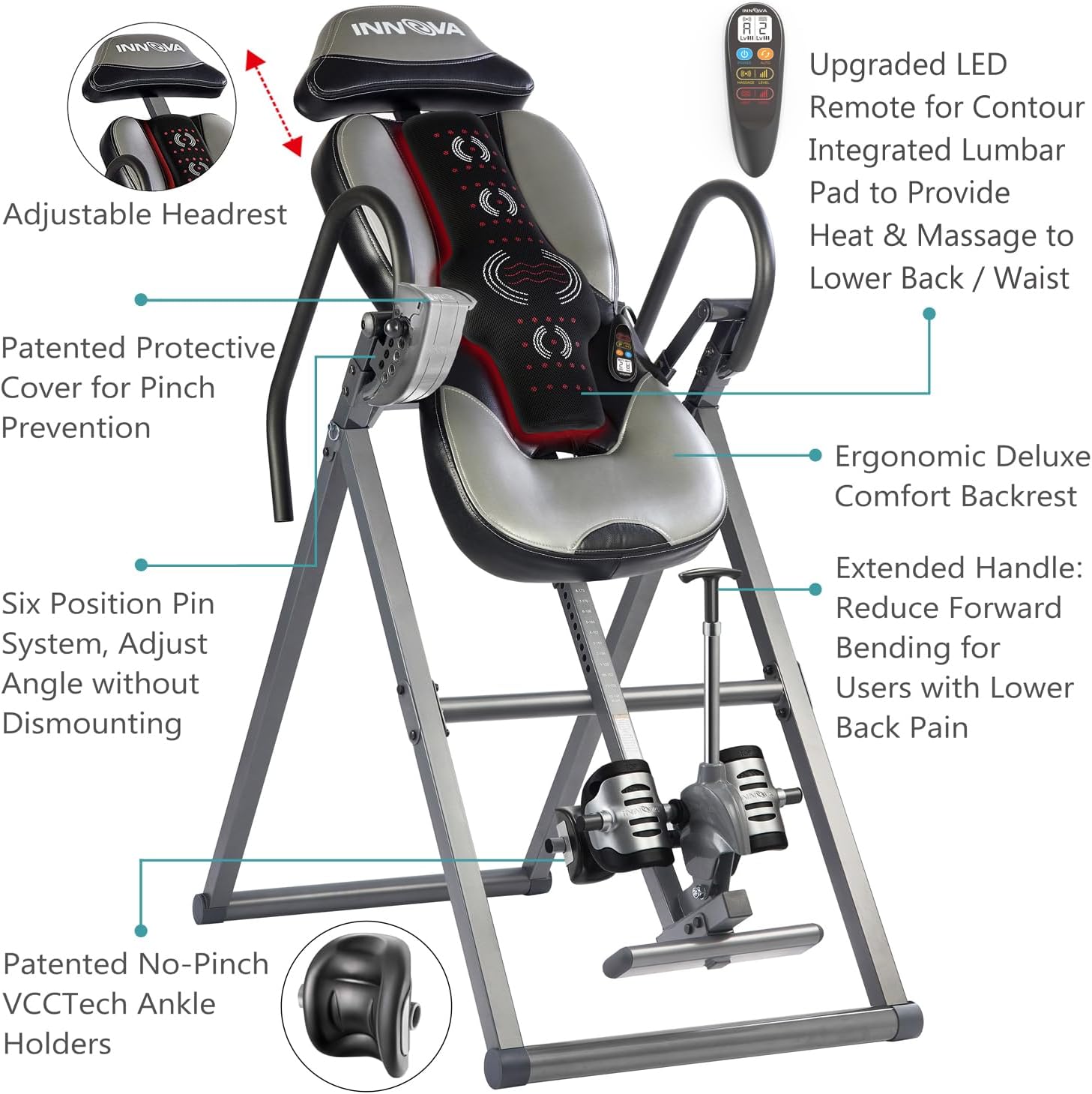 Table d'inversion avancée pour la chaleur et le massage INNOVA HEALTH AND FITNESS ITM5900, gris/noir