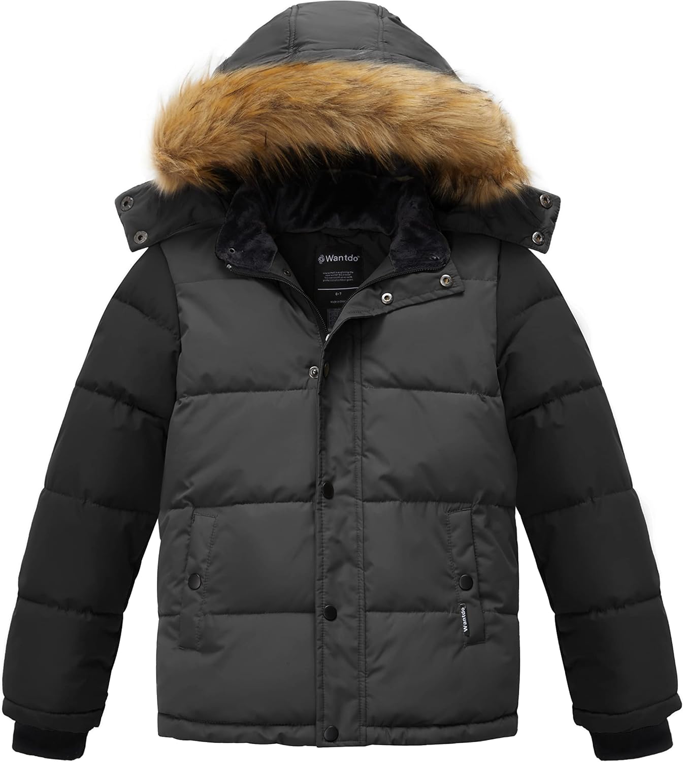 wantdo Boys Winter Coat Warm Puffer Coat Waterproof Winter Jacket with Faux Fur Hood