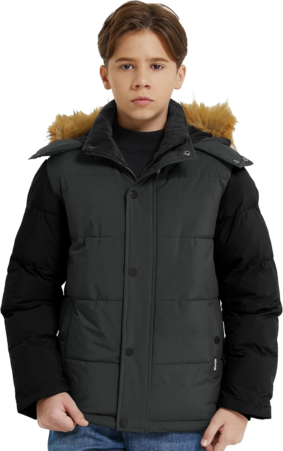 wantdo Boys Winter Coat Warm Puffer Coat Waterproof Winter Jacket with Faux Fur Hood