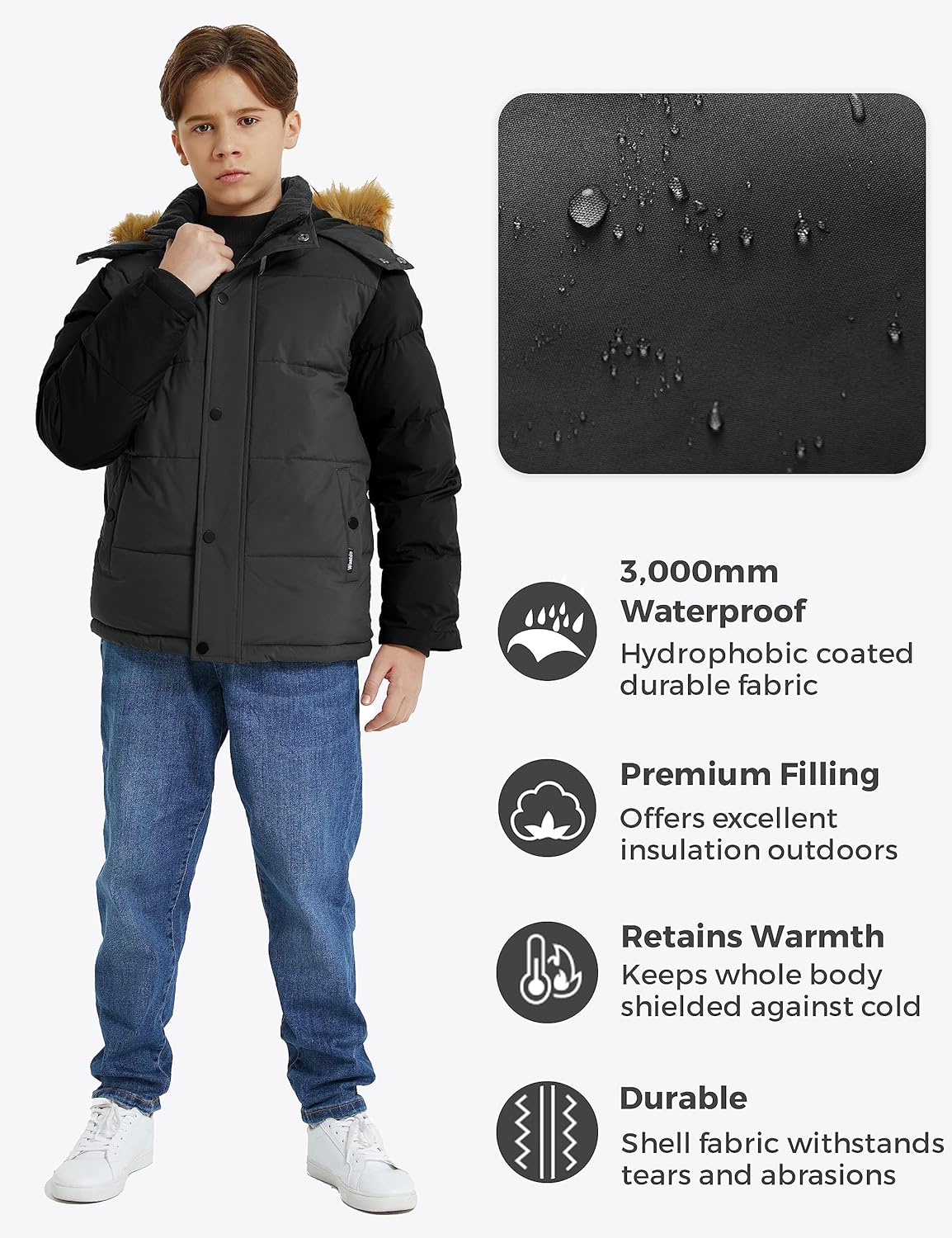 wantdo Boys Winter Coat Warm Puffer Coat Waterproof Winter Jacket with Faux Fur Hood