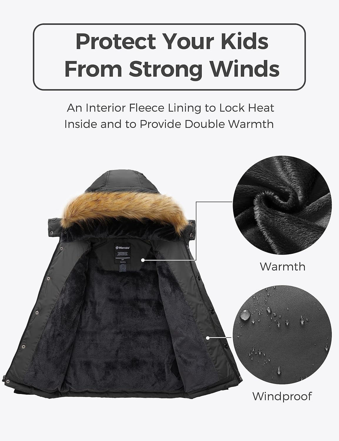 wantdo Boys Winter Coat Warm Puffer Coat Waterproof Winter Jacket with Faux Fur Hood